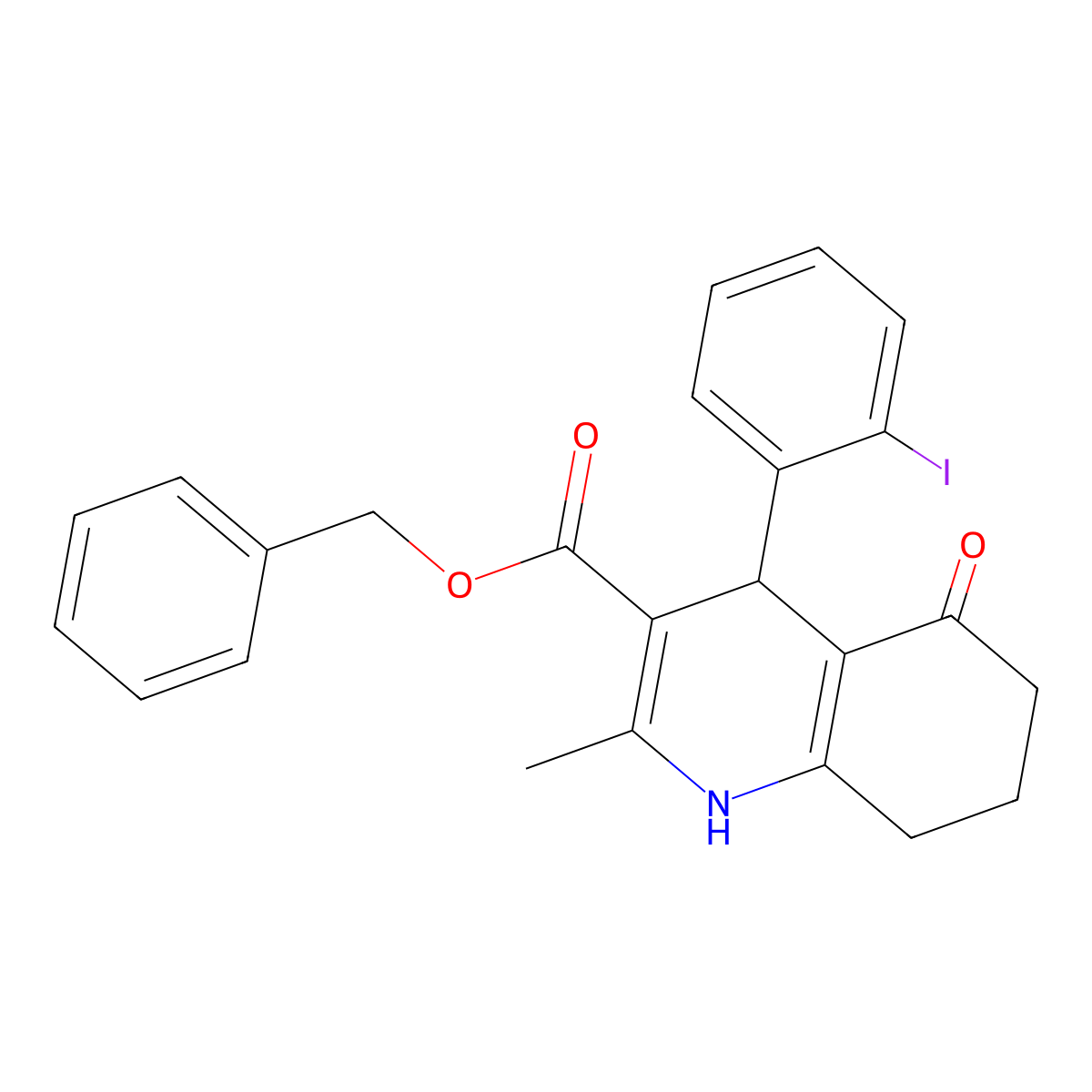 Benzyl 4-(2-iodophenyl)-2-methyl-5-oxo-1,4,5,6,7,8-hexahydroquinoline-3-carboxylate molecular structure, CAS 299453-61-5