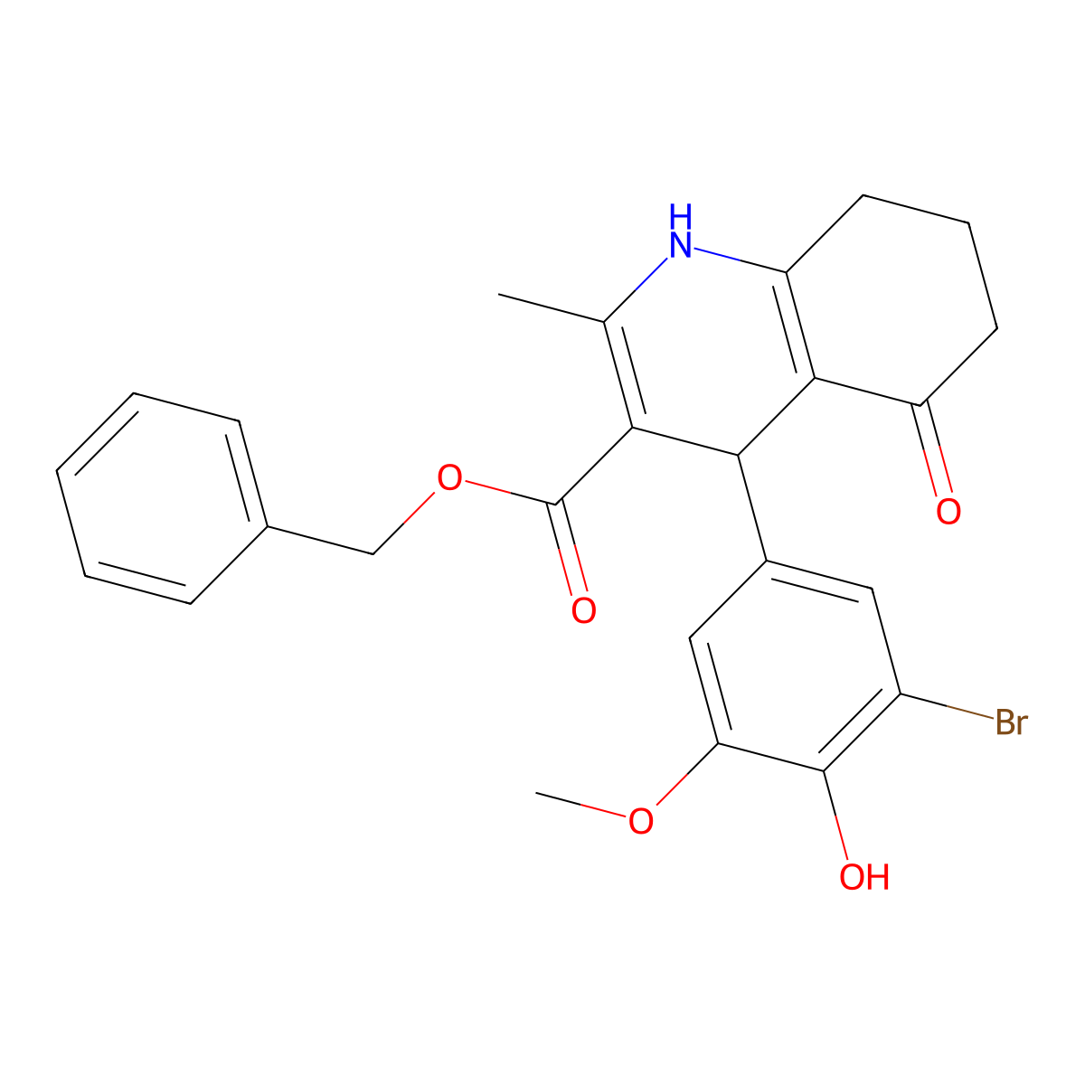 Benzyl 4-(3-bromo-4-hydroxy-5-methoxyphenyl)-2-methyl-5-oxo-1,4,5,6,7,8-hexahydroquinoline-3-carboxylate molecular structure, CAS 299453-82-0