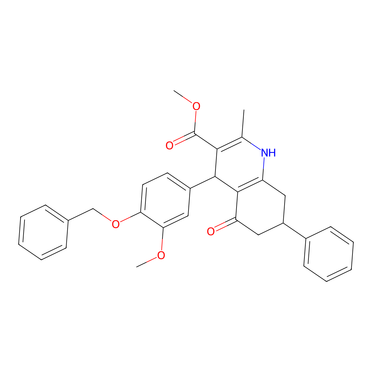 Methyl 4-[4-(benzyloxy)-3-methoxyphenyl]-2-methyl-5-oxo-7-phenyl-1,4,5,6,7,8-hexahydroquinoline-3-carboxylate molecular structure, CAS 299454-05-0