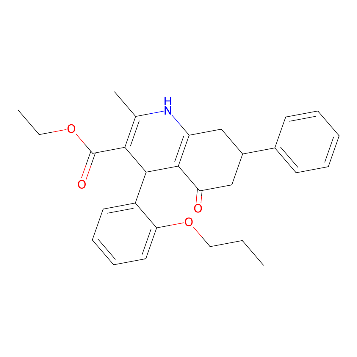 Ethyl 2-methyl-5-oxo-7-phenyl-4-(2-propoxyphenyl)-1,4,5,6,7,8-hexahydroquinoline-3-carboxylate molecular structure, CAS 299454-12-9