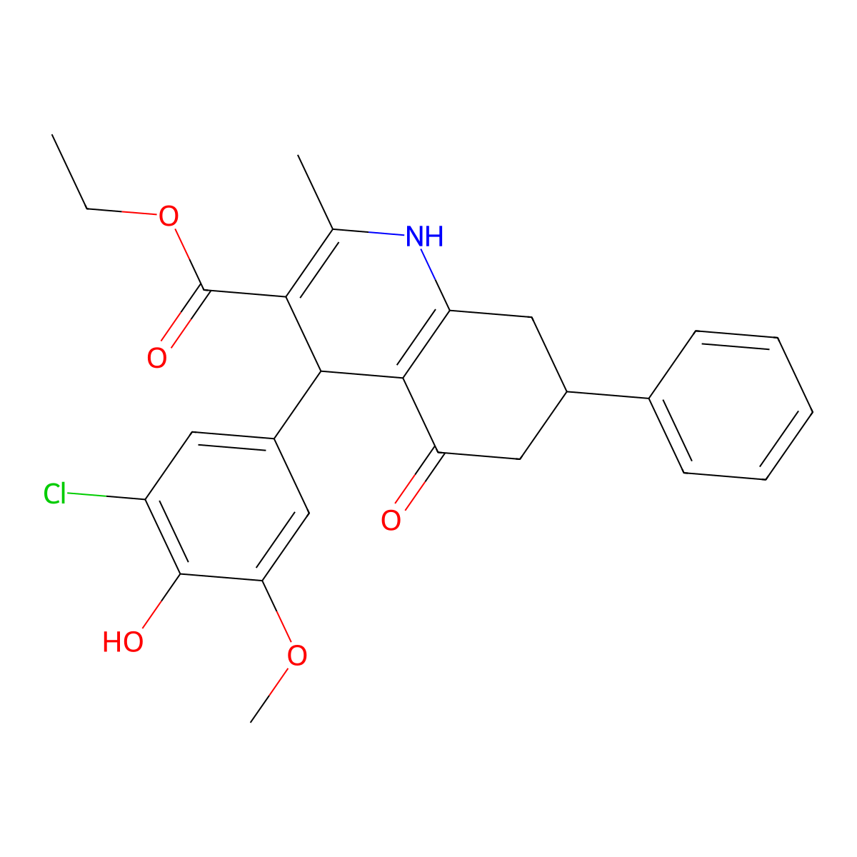 Ethyl 4-(3-chloro-4-hydroxy-5-methoxyphenyl)-2-methyl-5-oxo-7-phenyl-1,4,5,6,7,8-hexahydroquinoline-3-carboxylate molecular structure, CAS 299454-15-2