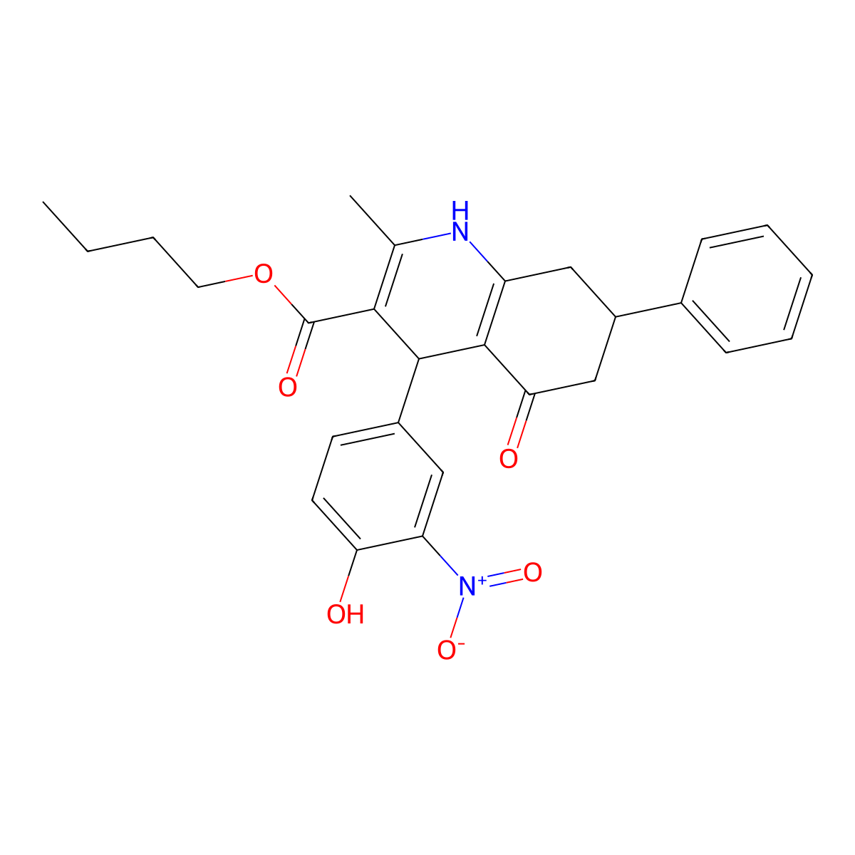 Butyl 4-(4-hydroxy-3-nitrophenyl)-2-methyl-5-oxo-7-phenyl-1,4,5,6,7,8-hexahydroquinoline-3-carboxylate molecular structure, CAS 299454-54-9