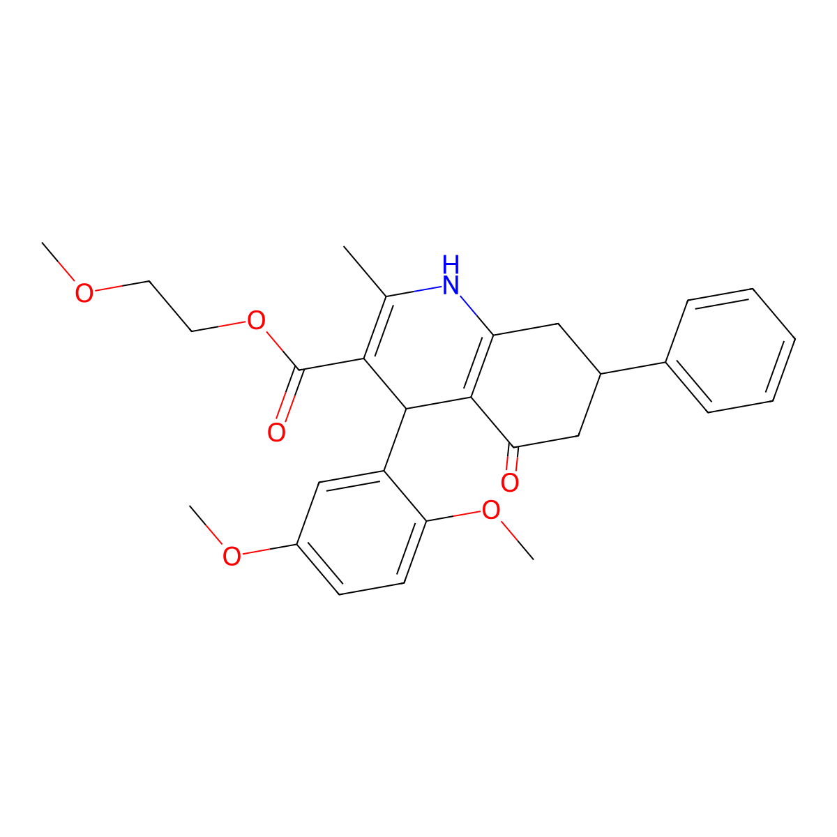 2-Methoxyethyl 4-(2,5-dimethoxyphenyl)-2-methyl-5-oxo-7-phenyl-1,4,5,6,7,8-hexahydroquinoline-3-carboxylate molecular structure, CAS 299454-62-9