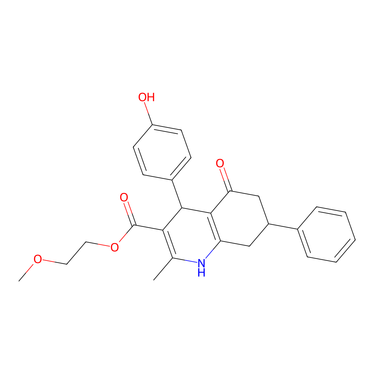 2-Methoxyethyl 4-(4-hydroxyphenyl)-2-methyl-5-oxo-7-phenyl-1,4,5,6,7,8-hexahydroquinoline-3-carboxylate molecular structure, CAS 299454-70-9