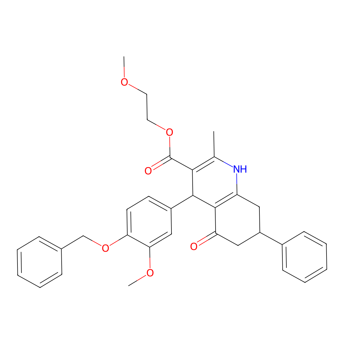 2-Methoxyethyl 4-[4-(benzyloxy)-3-methoxyphenyl]-2-methyl-5-oxo-7-phenyl-1,4,5,6,7,8-hexahydroquinoline-3-carboxylate molecular structure, CAS 299454-73-2