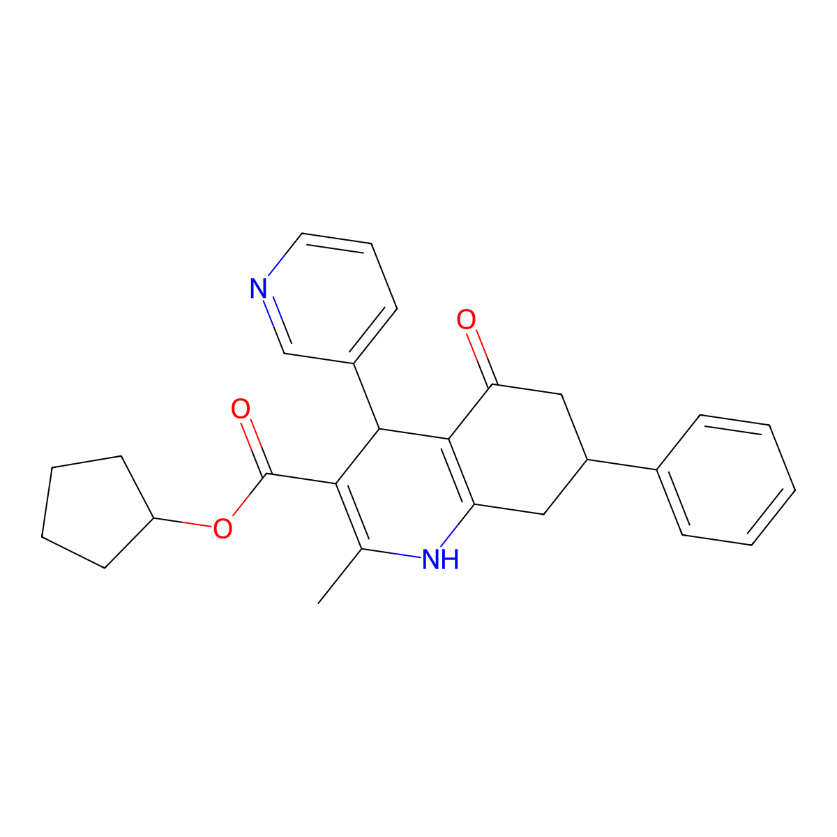 Cyclopentyl 2-methyl-5-oxo-7-phenyl-4-(pyridin-3-yl)-1,4,5,6,7,8-hexahydroquinoline-3-carboxylate molecular structure, CAS 299454-78-7