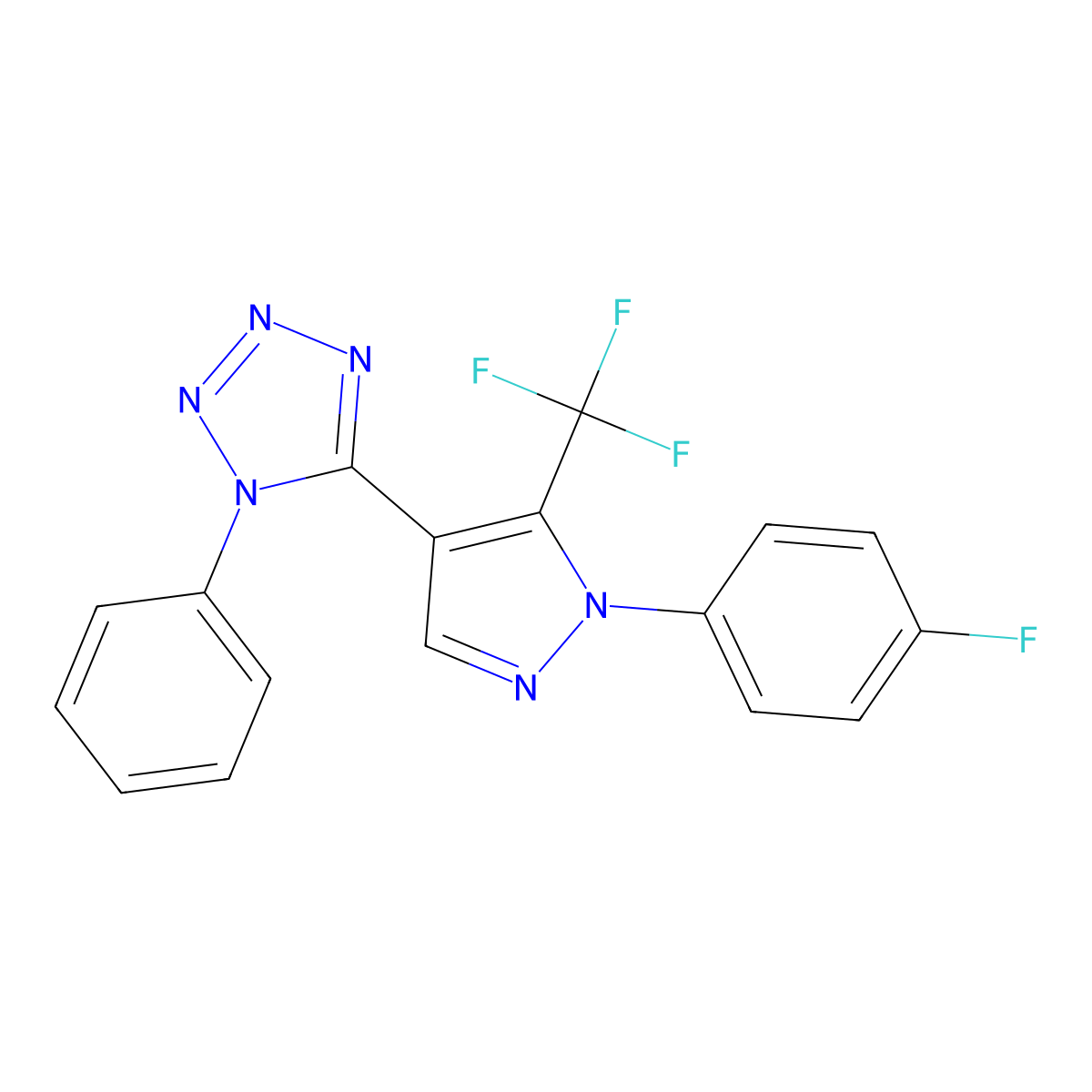 5-[1-(4-Fluorophenyl)-5-(trifluoromethyl)pyrazol-4-yl]-1-phenyltetrazole molecular structure, CAS 299463-57-3