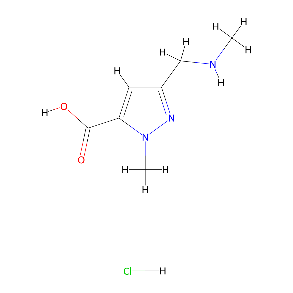 1-methyl-3-[(methylamino)methyl]-1H-pyrazole-5-carboxylic acid hydrochloride molecular structure, CAS 2995273-41-9