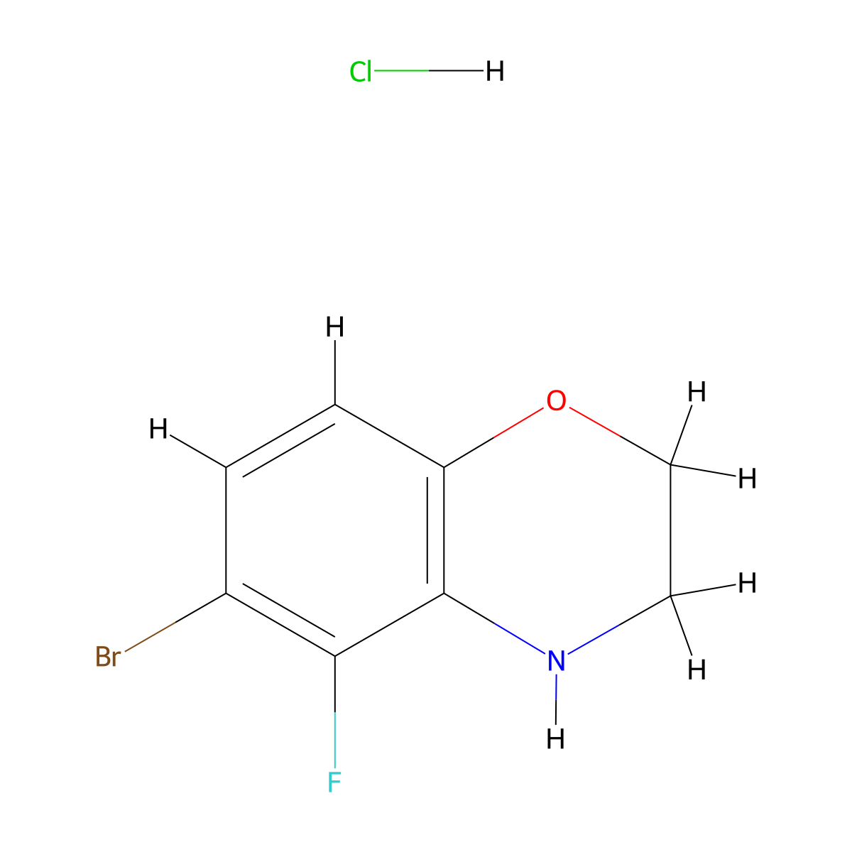 6-bromo-5-fluoro-3,4-dihydro-2H-1,4-benzoxazine hydrochloride molecular structure, CAS 2995275-94-8