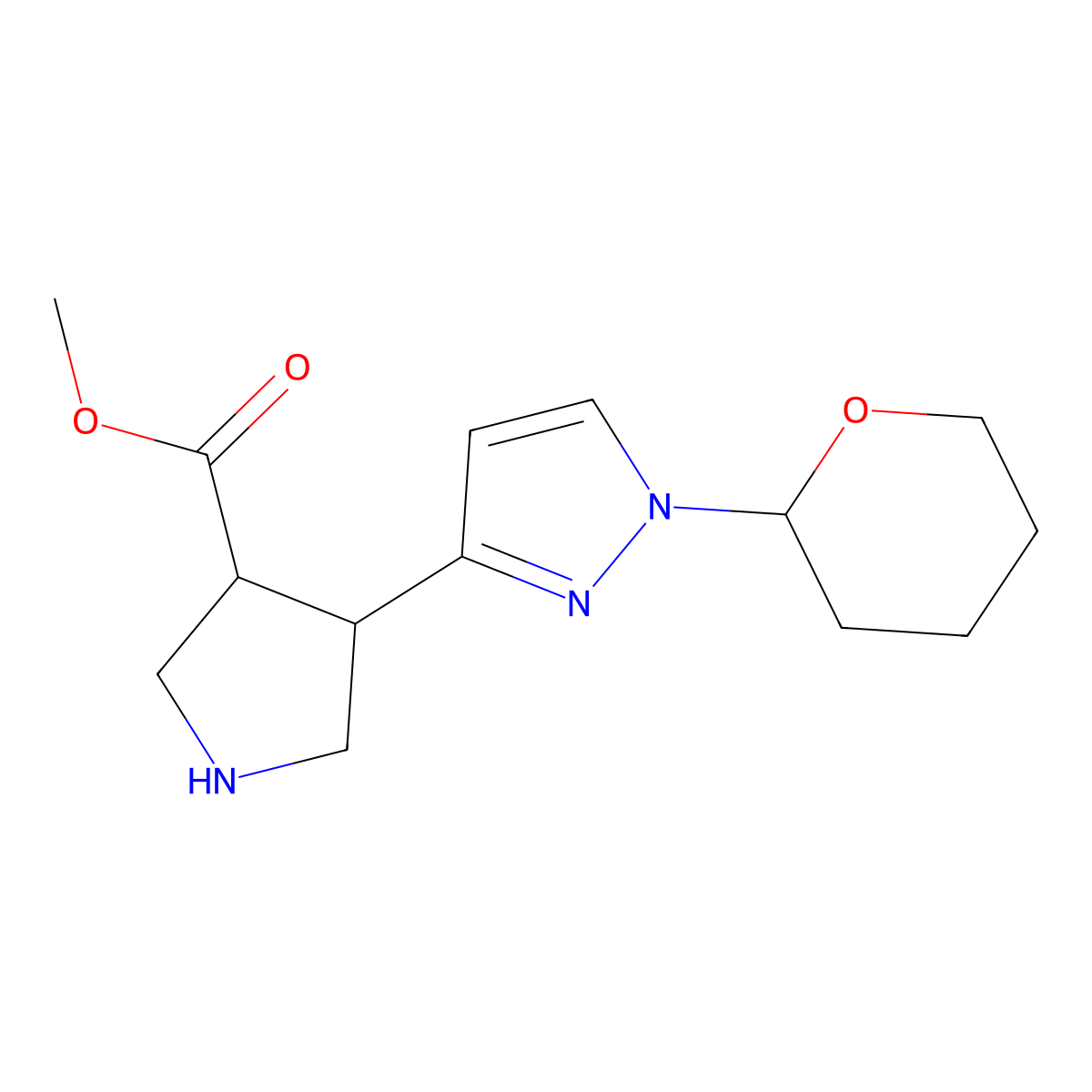 methyl 4-[1-(oxan-2-yl)-1H-pyrazol-3-yl]pyrrolidine-3-carboxylate molecular structure, CAS 2995276-40-7