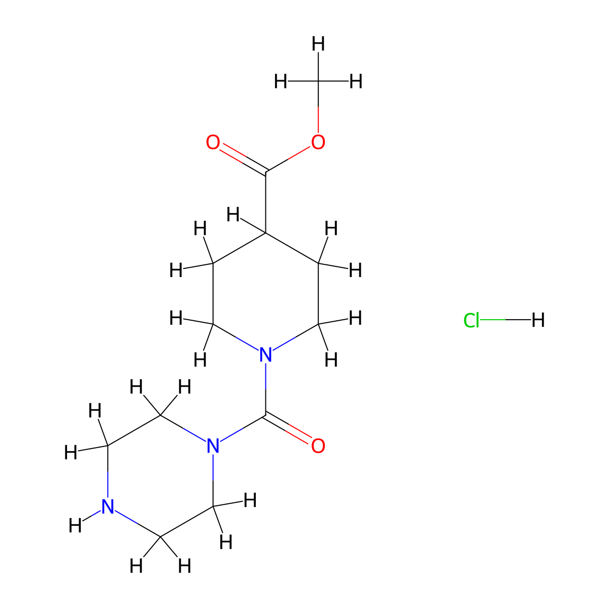 Methyl 1-(piperazine-1-carbonyl)piperidine-4-carboxylate hydrochloride molecular structure, CAS 2995279-85-9