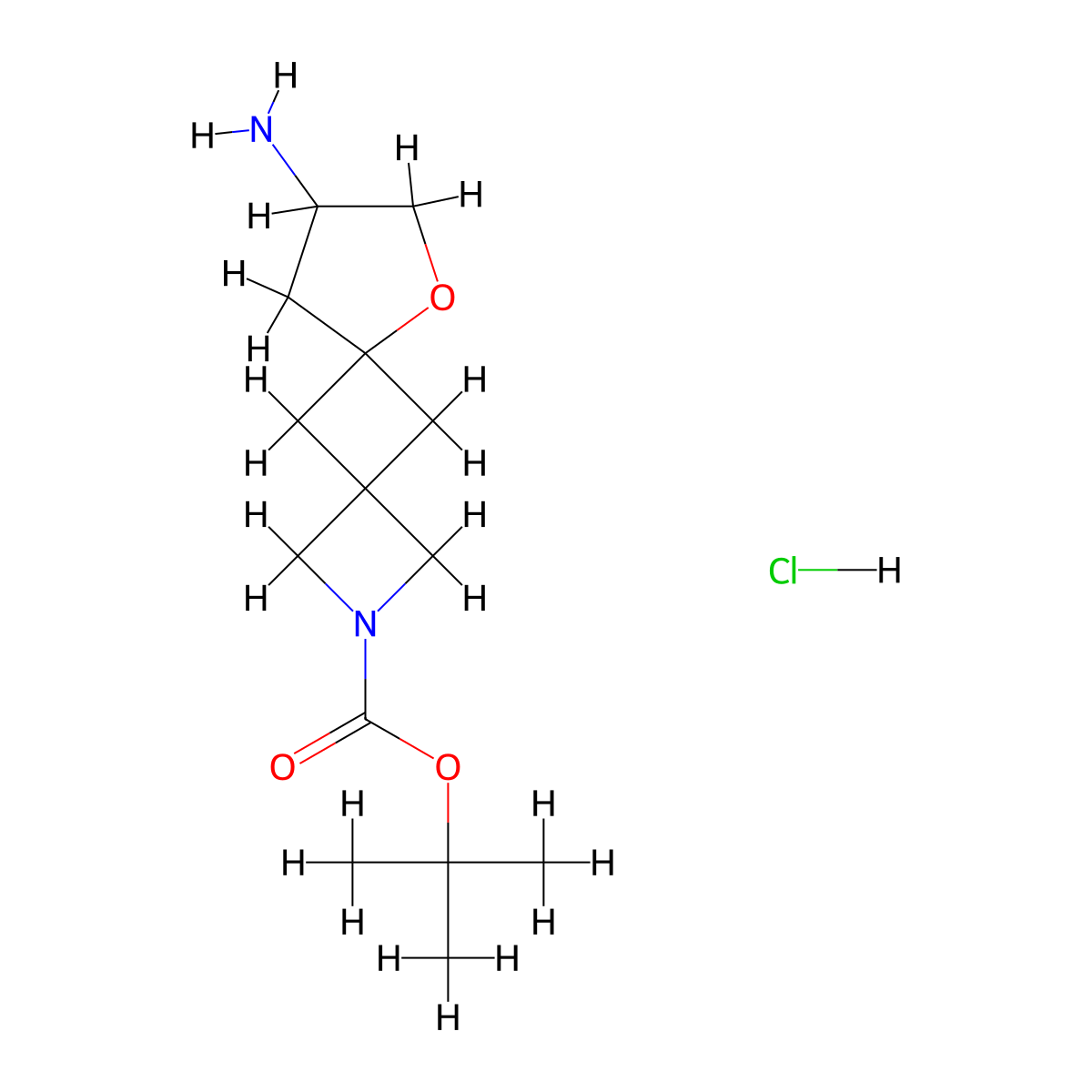Tert-butyl 9-amino-7-oxa-2-azadispiro[3.1.4^{6}.1^{4}]undecane-2-carboxylate hydrochloride molecular structure, CAS 2995283-38-8