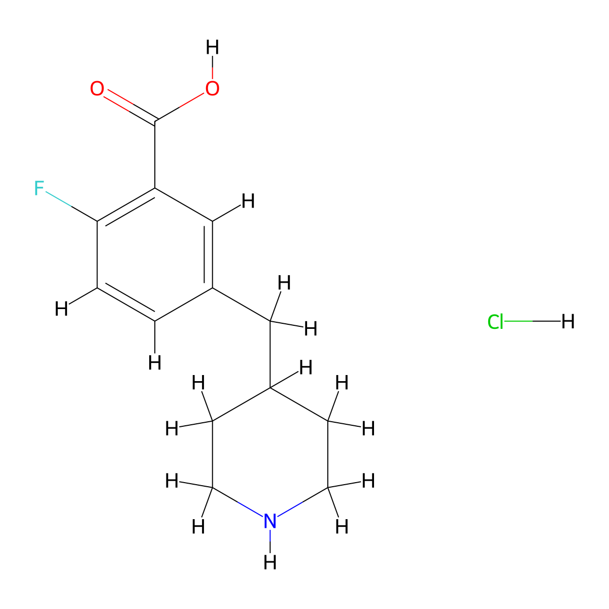 2-Fluoro-5-[(piperidin-4-yl)methyl]benzoic acid hydrochloride molecular structure, CAS 2995283-55-9