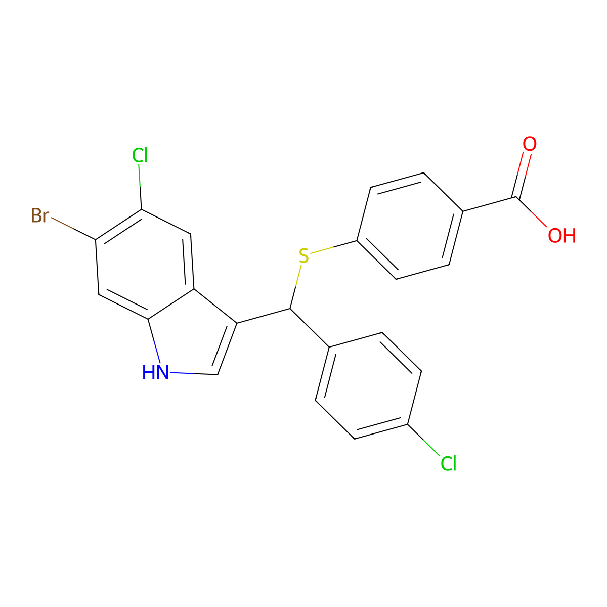 4-(((6-Bromo-5-chloro-1H-indol-3-YL)(4-chlorophenyl)methyl)thio)benzoic acid molecular structure, CAS 2995289-00-2