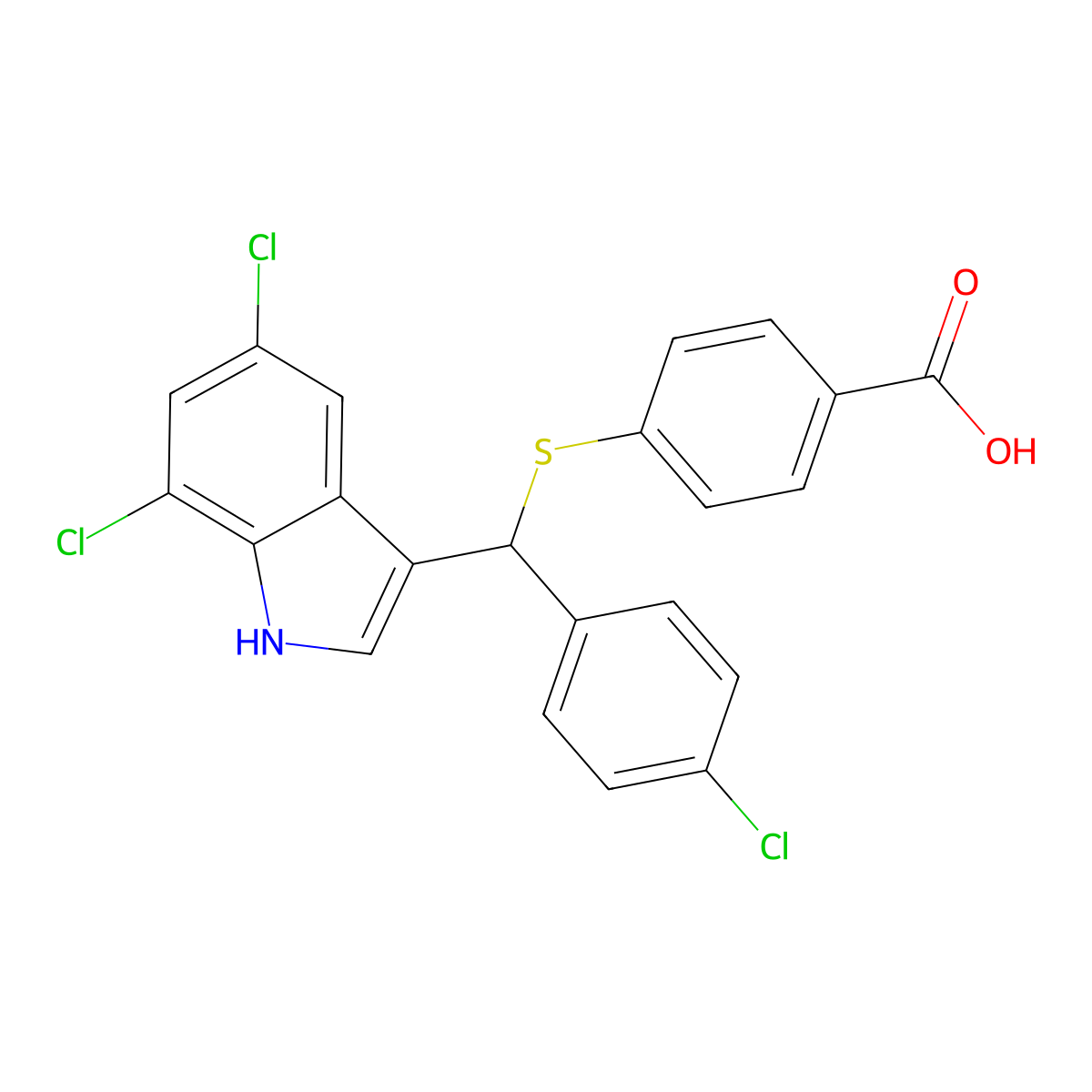 4-(((4-Chlorophenyl)(5,7-dichloro-1H-indol-3-YL)methyl)thio)benzoic acid molecular structure, CAS 2995290-47-4