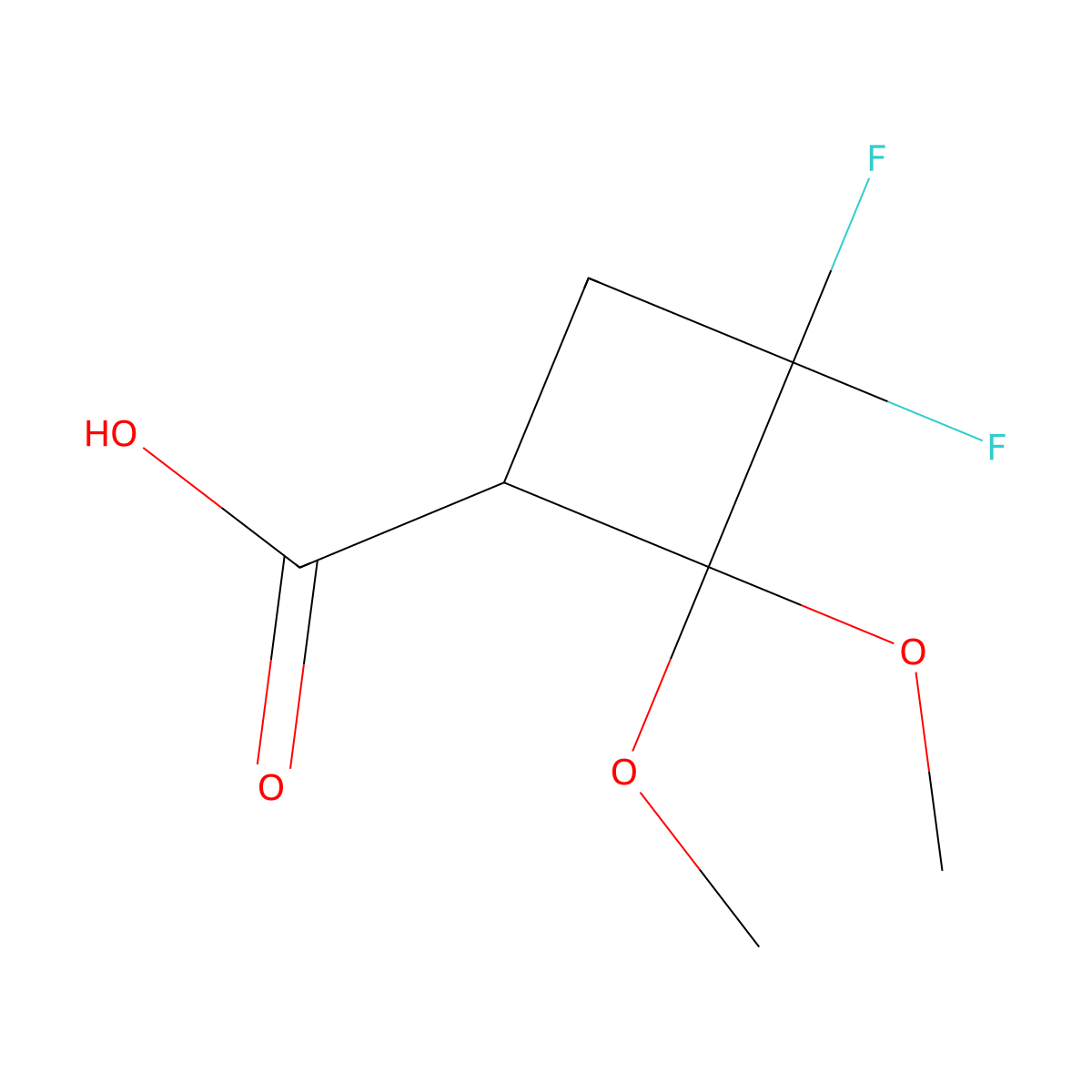 3,3-Difluoro-2,2-dimethoxycyclobutane-1-carboxylic acid molecular structure, CAS 2995290-71-4