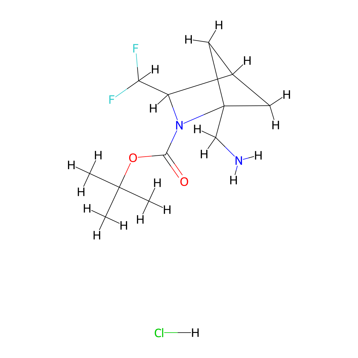 Tert-butyl 1-(aminomethyl)-3-(difluoromethyl)-2-azabicyclo[2.1.1]hexane-2-carboxylate hydrochloride molecular structure, CAS 2995292-66-3