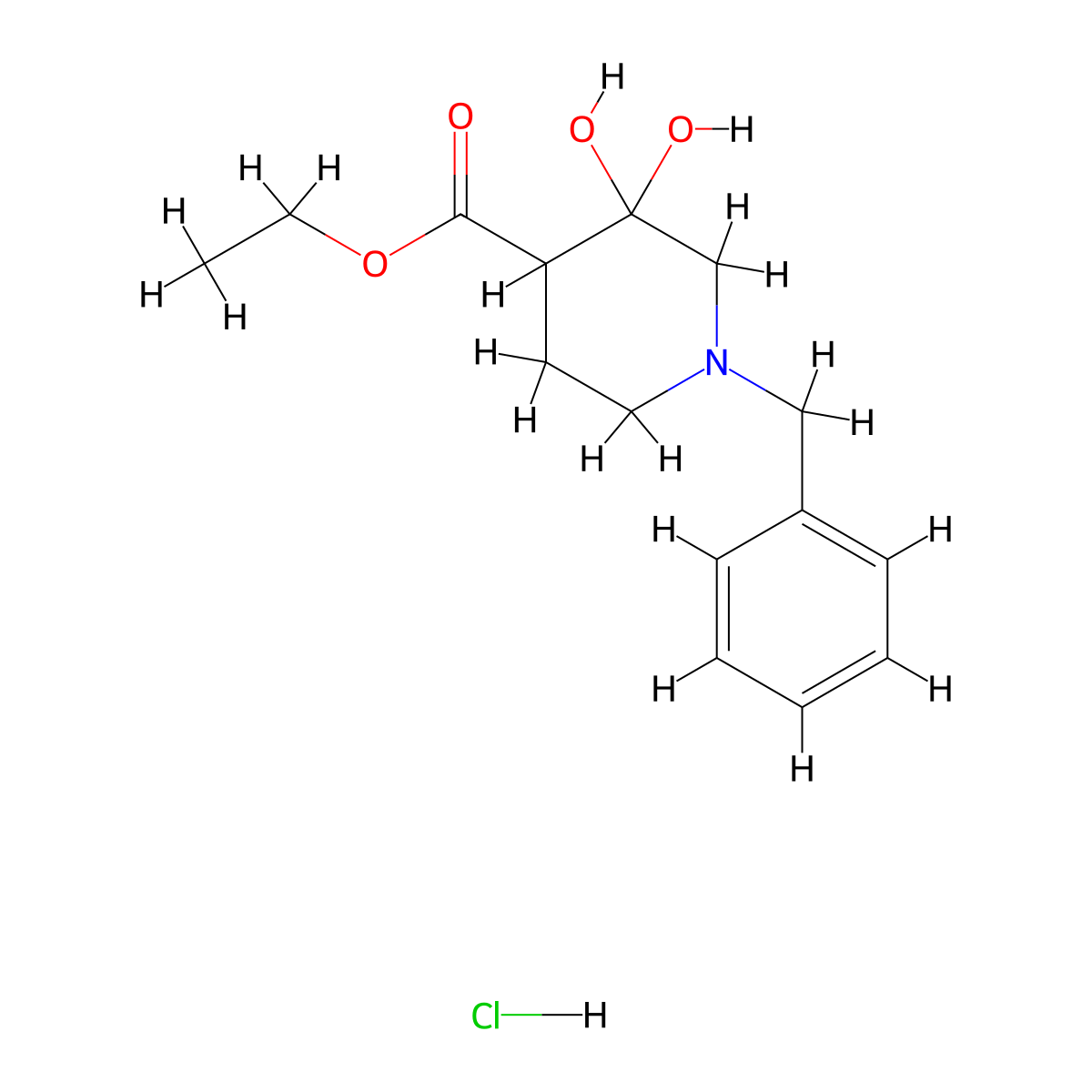 Ethyl 1-benzyl-3,3-dihydroxy-piperidine-4-carboxylate hydrochloride molecular structure, CAS 2995296-29-0