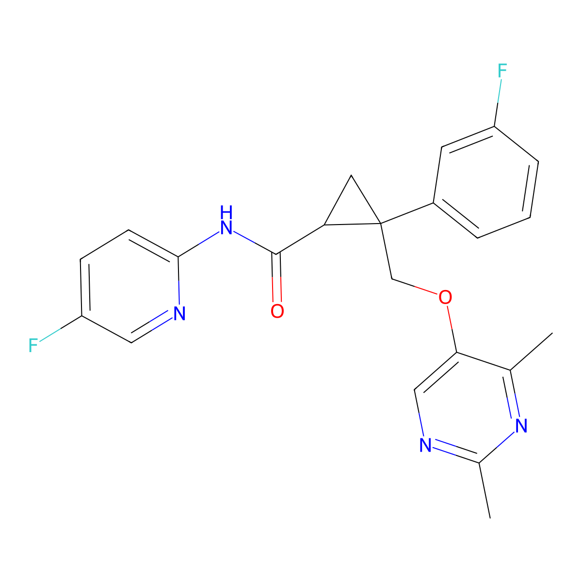 2-(((2,4-dimethylpyrimidin-5-yl)oxy)methyl)-2-(3-fluorophenyl)-N-(5-fluoropyridin-2-yl)cyclopropanecarboxamide molecular structure, CAS 2998049-55-9