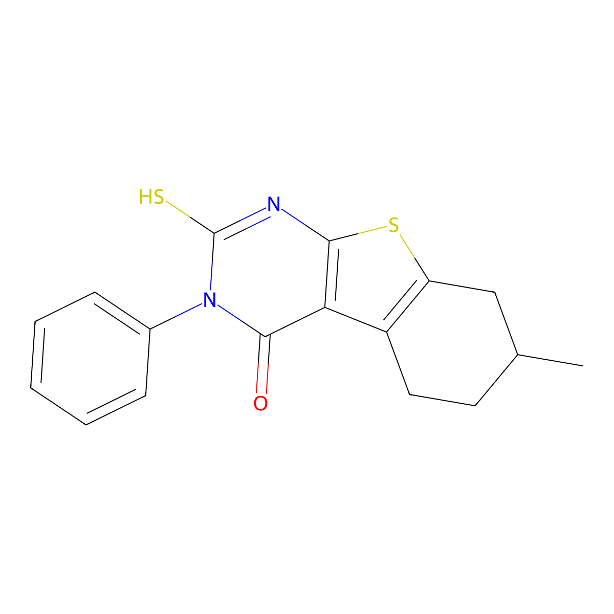 2,3,5,6,7,8-Hexahydro-7-methyl-3-phenyl-2-thioxo[1]benzothieno[2,3-d]pyrimidin-4(1H)-one molecular structure, CAS 299919-85-0