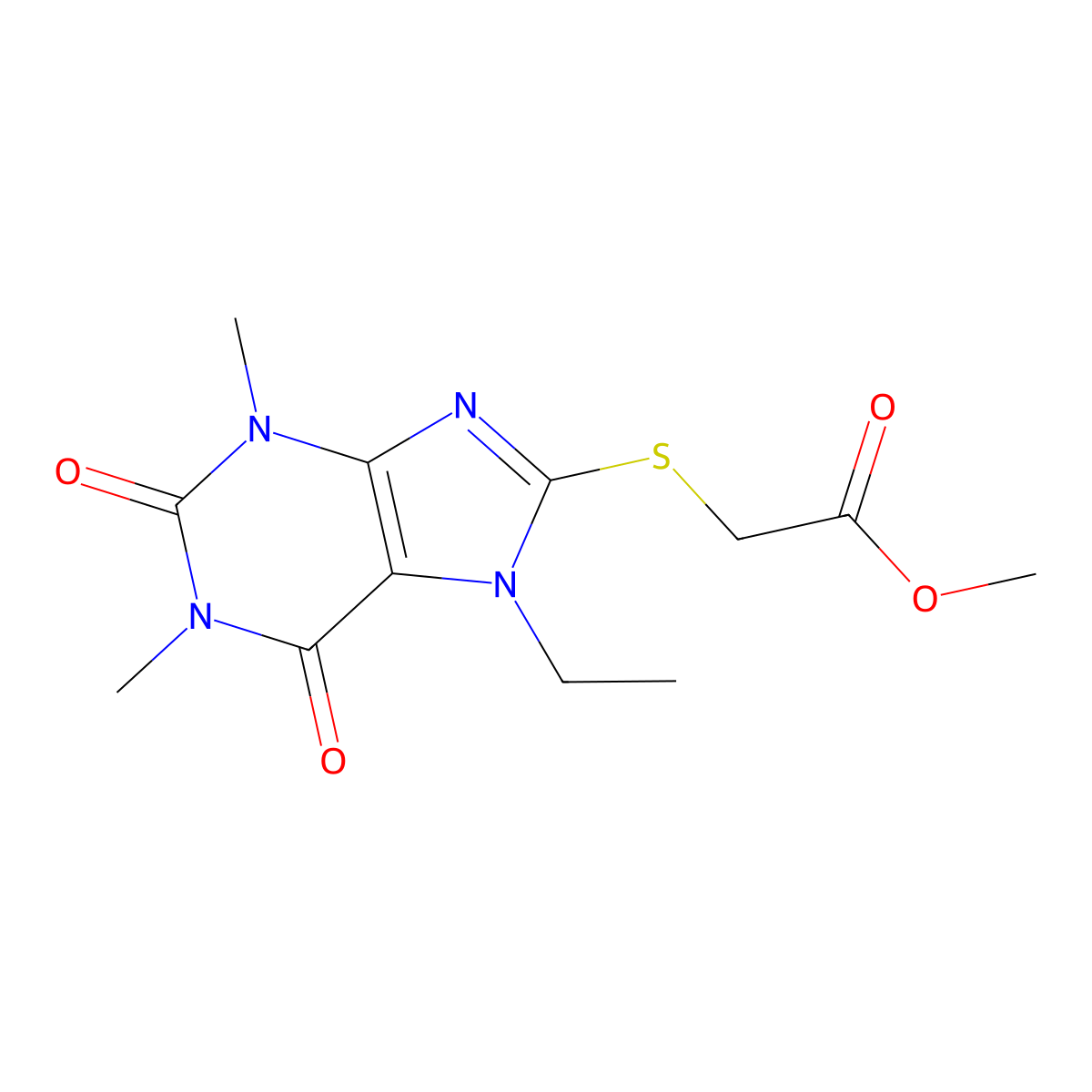 methyl 2-((7-ethyl-1,3-dimethyl-2,6-dioxo-2,3,6,7-tetrahydro-1H-purin-8-yl)thio)acetate molecular structure, CAS 299920-29-9
