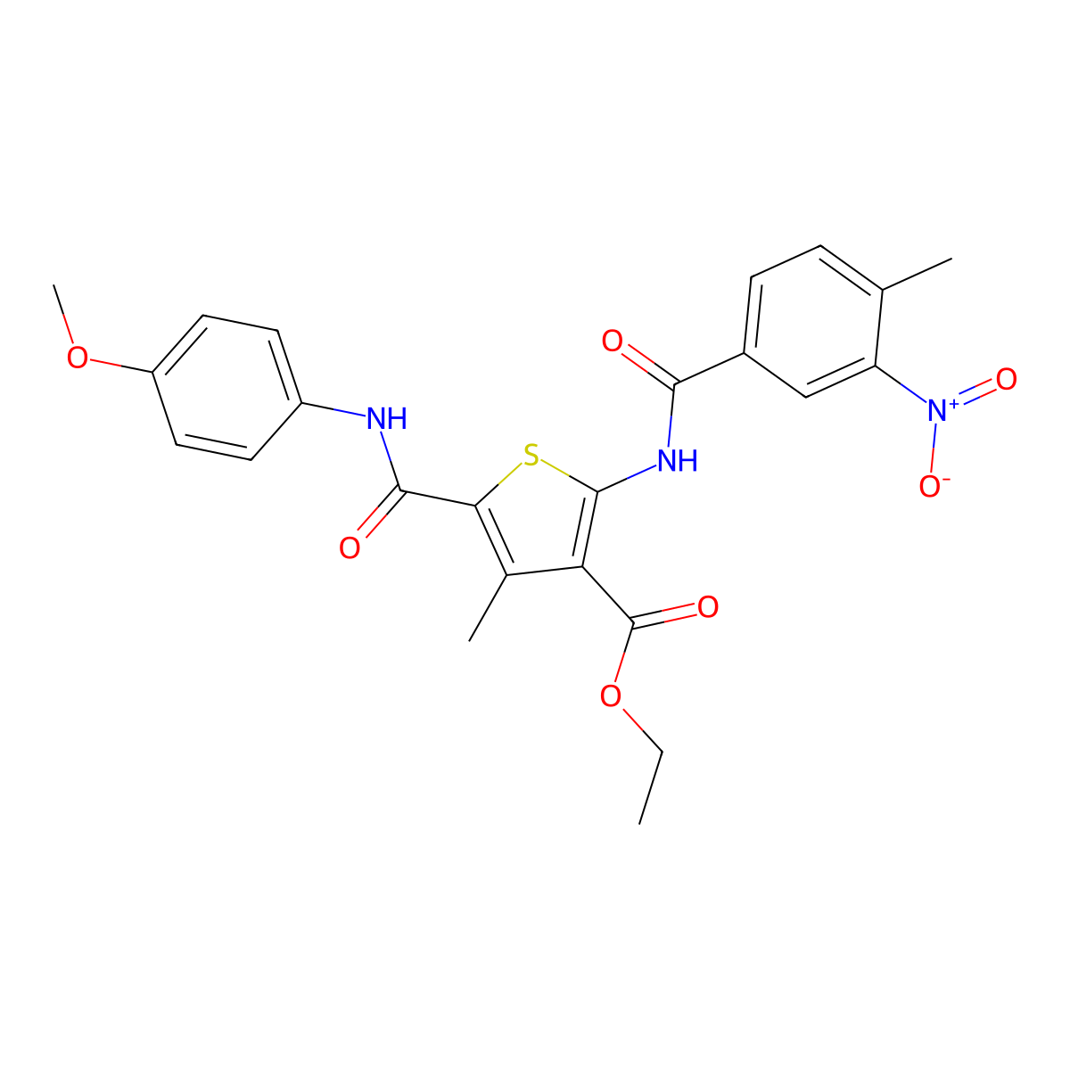 Ethyl 5-[(4-methoxyphenyl)carbamoyl]-4-methyl-2-[(4-methyl-3-nitrobenzoyl)amino]thiophene-3-carboxylate molecular structure, CAS 299920-92-6