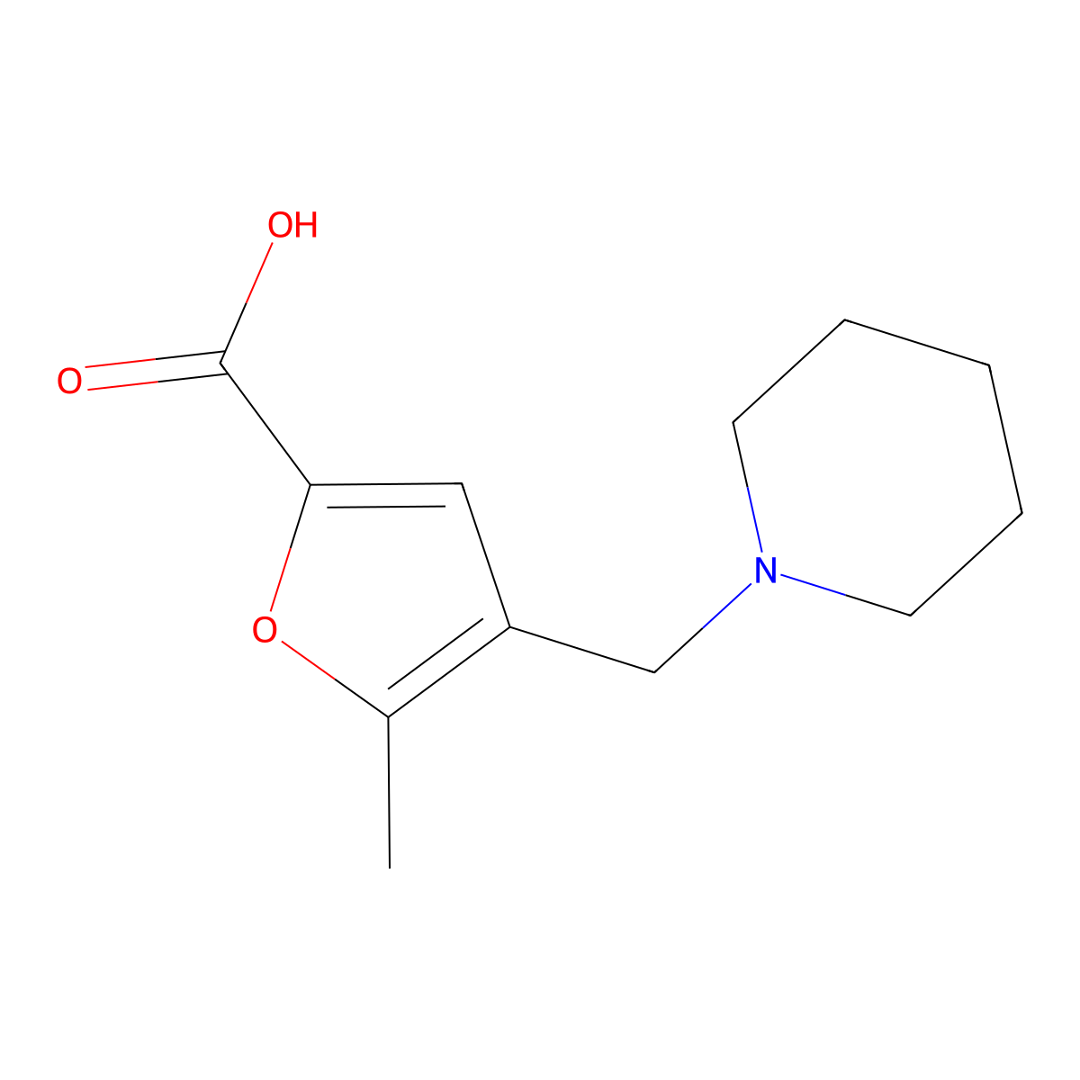 5-Methyl-4-piperidin-1-ylmethyl-furan-2-carboxylic acid molecular structure, CAS 299920-95-9