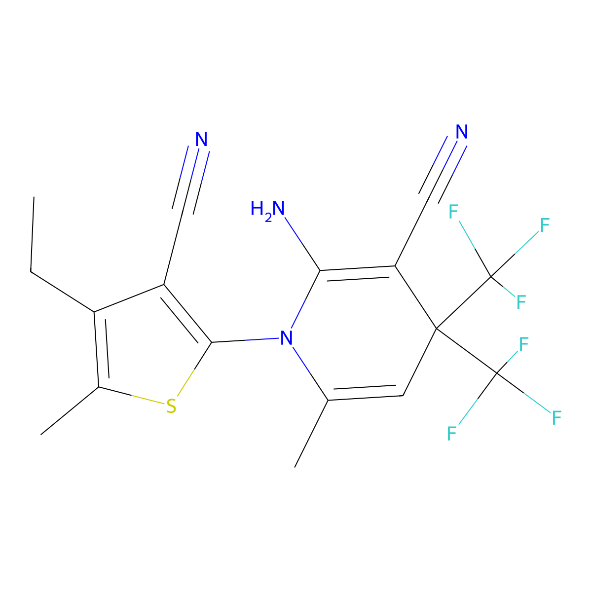 2-Amino-1-(3-cyano-4-ethyl-5-methylthiophen-2-yl)-6-methyl-4,4-bis(trifluoromethyl)pyridine-3-carbonitrile molecular structure, CAS 299922-57-9