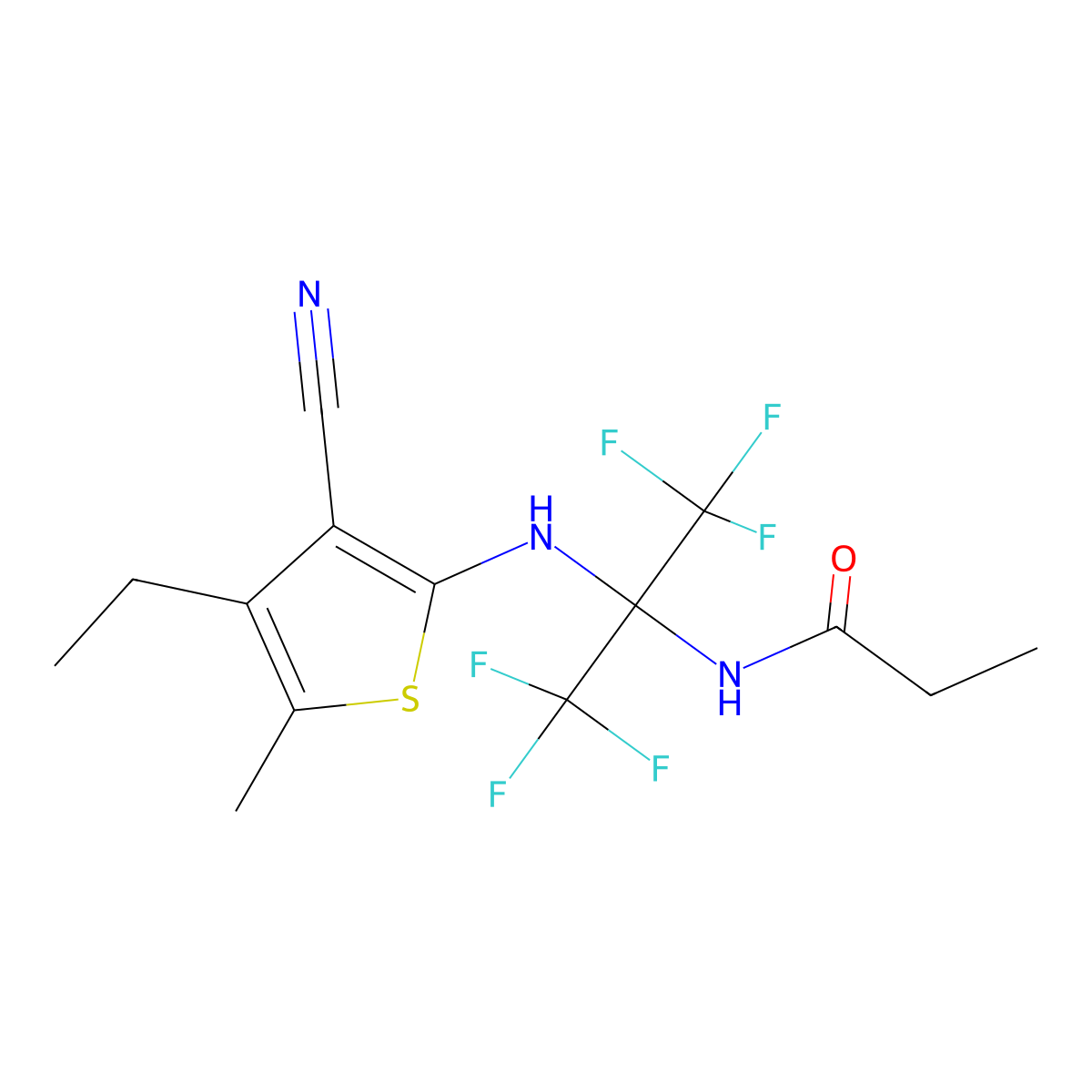N-[2-[(3-cyano-4-ethyl-5-methylthiophen-2-yl)amino]-1,1,1,3,3,3-hexafluoropropan-2-yl]propanamide molecular structure, CAS 299922-87-5
