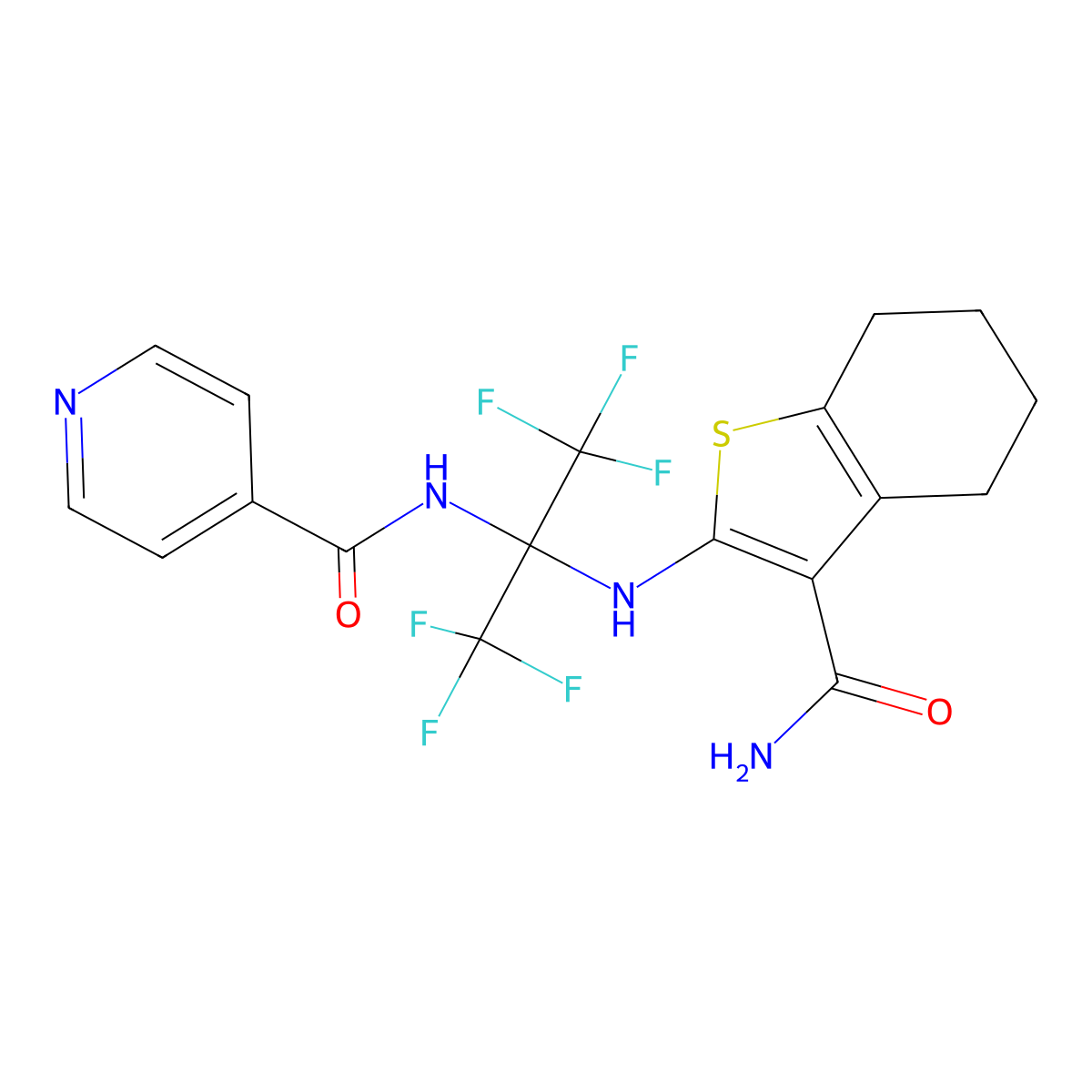 N-[2-[(3-carbamoyl-4,5,6,7-tetrahydro-1-benzothiophen-2-yl)amino]-1,1,1,3,3,3-hexafluoropropan-2-yl]pyridine-4-carboxamide molecular structure, CAS 299922-92-2