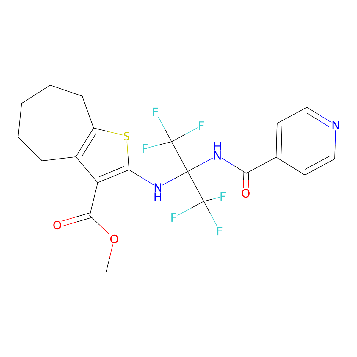 methyl 2-{[2,2,2-trifluoro-1-(isonicotinoylamino)-1-(trifluoromethyl)ethyl]amino}-5,6,7,8-tetrahydro-4H-cyclohepta[b]thiophene-3-carboxylate molecular structure, CAS 299922-93-3