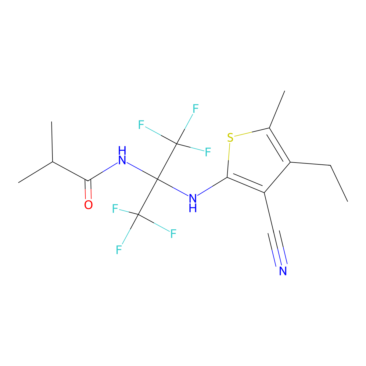 N-[2-[(3-cyano-4-ethyl-5-methylthiophen-2-yl)amino]-1,1,1,3,3,3-hexafluoropropan-2-yl]-2-methylpropanamide molecular structure, CAS 299922-95-5