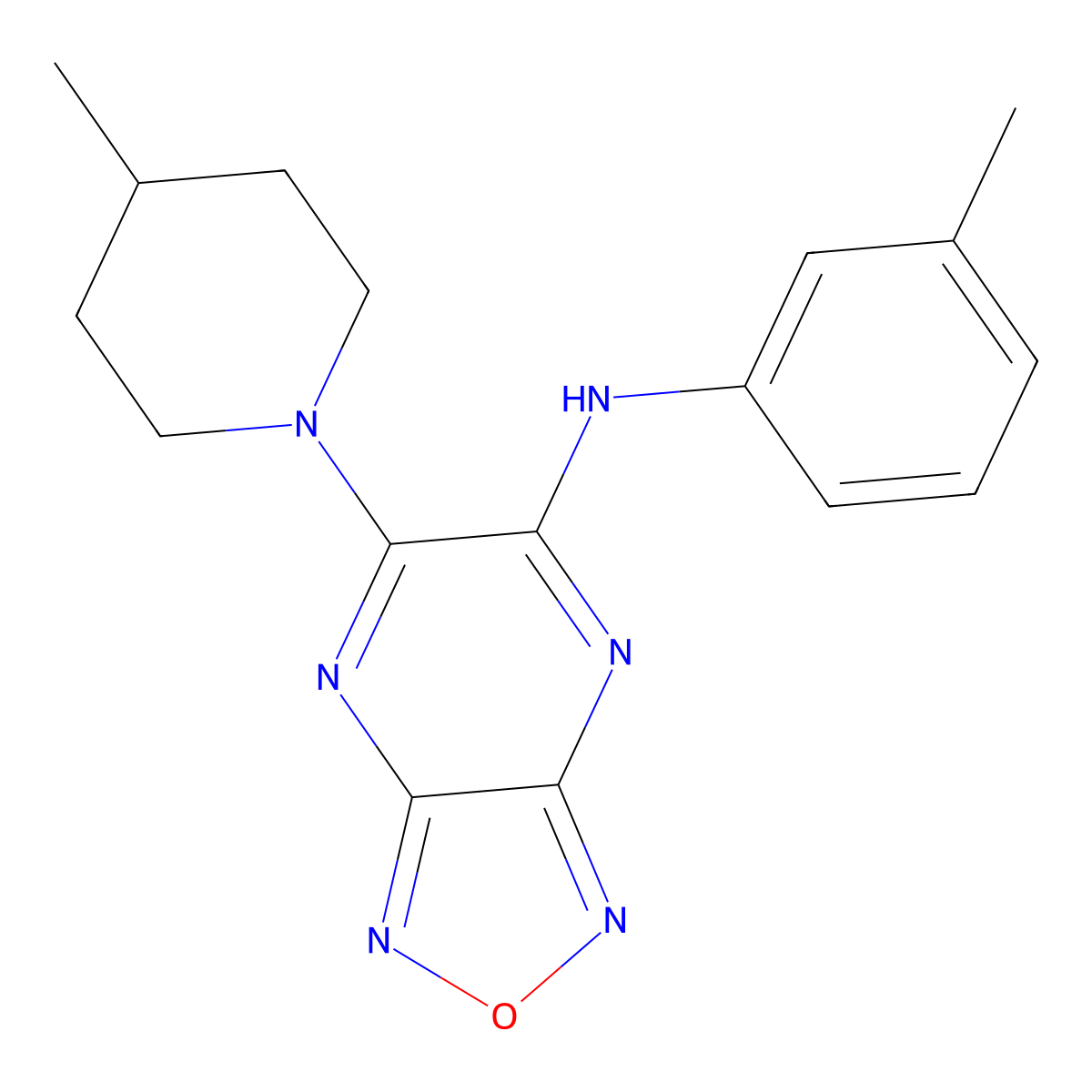 N-(3-methylphenyl)-5-(4-methylpiperidin-1-yl)-[1,2,5]oxadiazolo[3,4-b]pyrazin-6-amine molecular structure, CAS 299923-20-9