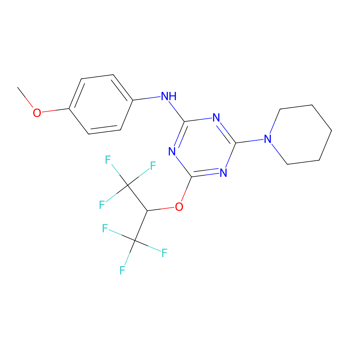 4-[(1,1,1,3,3,3-hexafluoropropan-2-yl)oxy]-N-(4-methoxyphenyl)-6-(piperidin-1-yl)-1,3,5-triazin-2-amine molecular structure, CAS 299929-63-8
