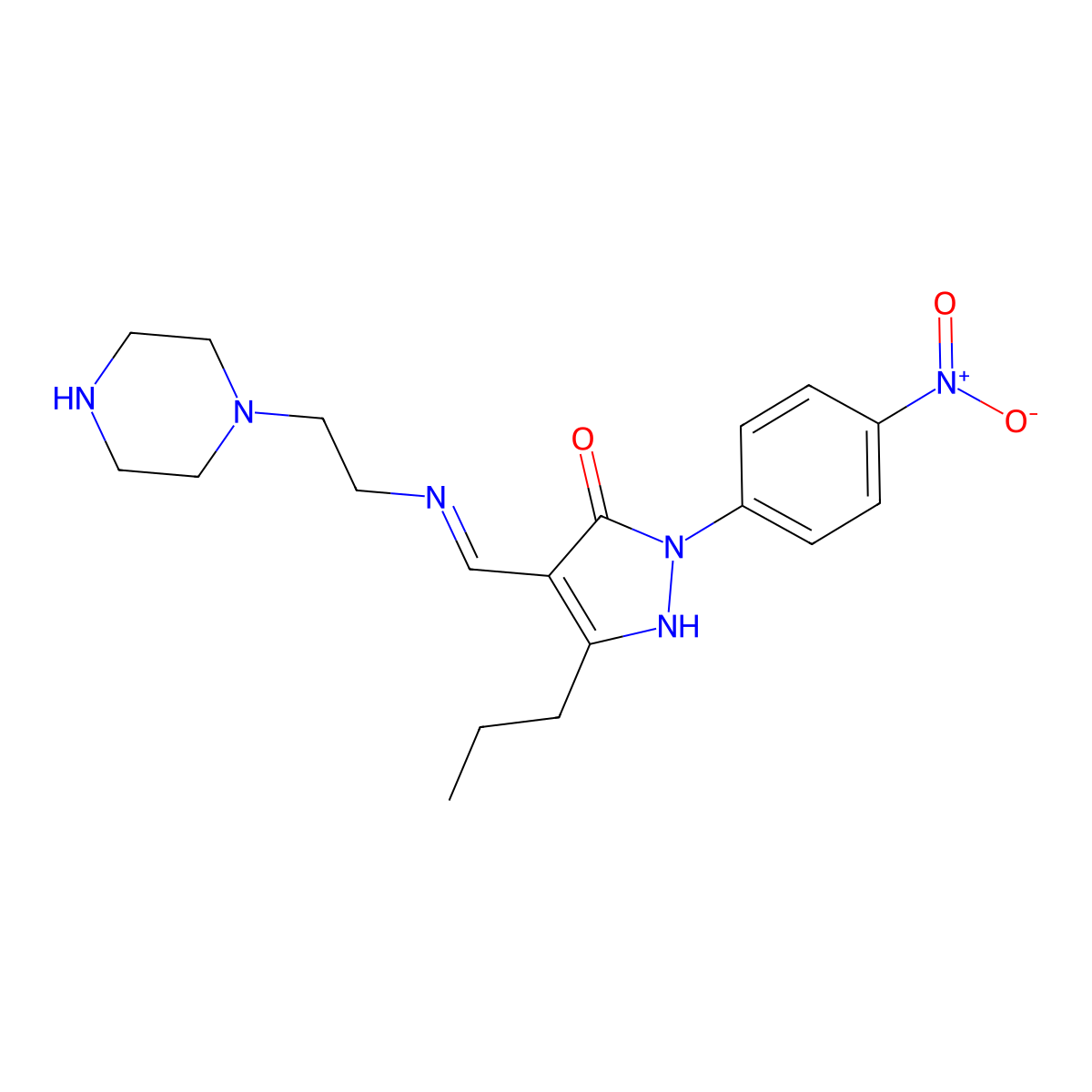 (4Z)-2-(4-nitrophenyl)-4-({[2-(piperazin-1-yl)ethyl]amino}methylidene)-5-propyl-2,4-dihydro-3H-pyrazol-3-one molecular structure, CAS 299932-64-2