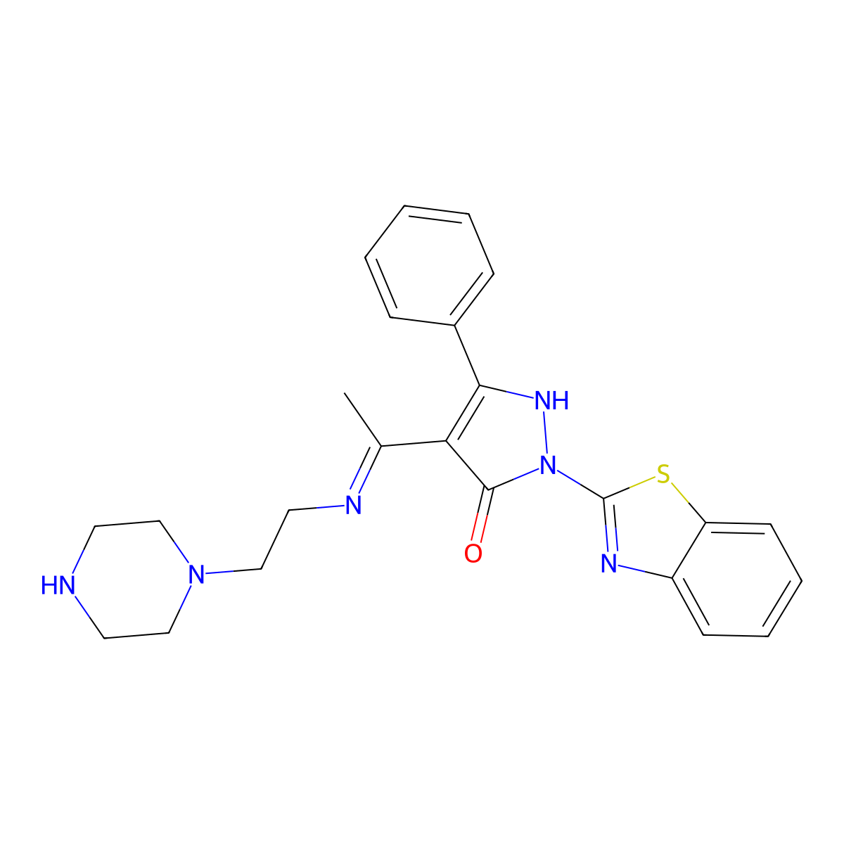 2-(1,3-benzothiazol-2-yl)-5-phenyl-4-{(1E)-N-[2-(piperazin-1-yl)ethyl]ethanimidoyl}-1,2-dihydro-3H-pyrazol-3-one molecular structure, CAS 299934-74-0