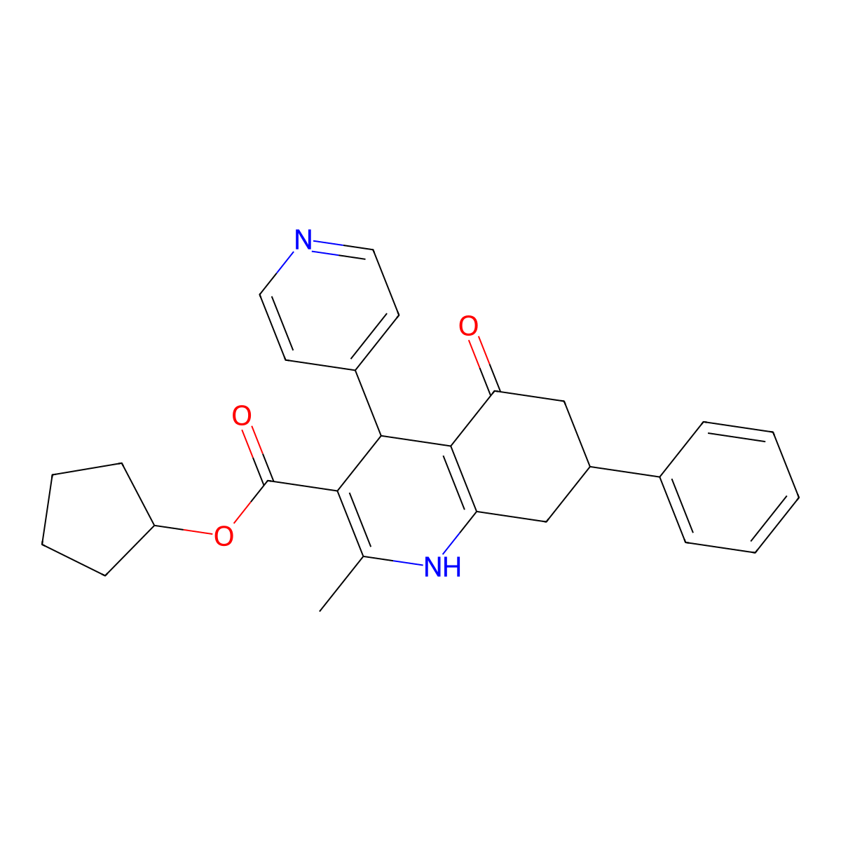 Cyclopentyl 2-methyl-5-oxo-7-phenyl-4-(pyridin-4-yl)-1,4,5,6,7,8-hexahydroquinoline-3-carboxylate molecular structure, CAS 299944-70-0