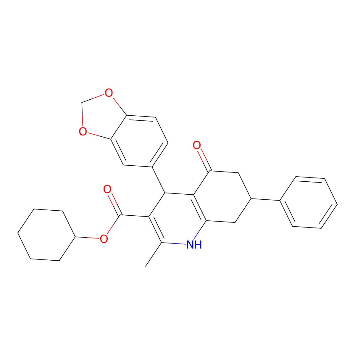 Cyclohexyl 4-(1,3-benzodioxol-5-yl)-2-methyl-5-oxo-7-phenyl-1,4,5,6,7,8-hexahydro-3-quinolinecarboxylate molecular structure, CAS 299944-90-4