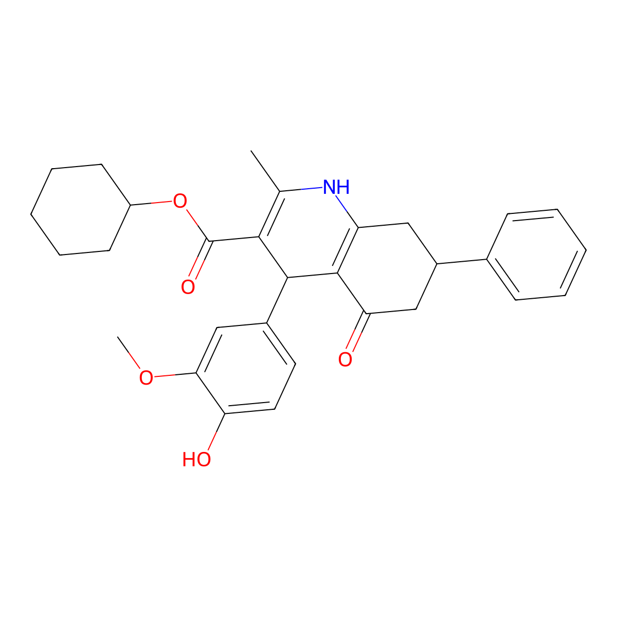 Cyclohexyl 4-(4-hydroxy-3-methoxyphenyl)-2-methyl-5-oxo-7-phenyl-1,4,5,6,7,8-hexahydroquinoline-3-carboxylate molecular structure, CAS 299944-94-8