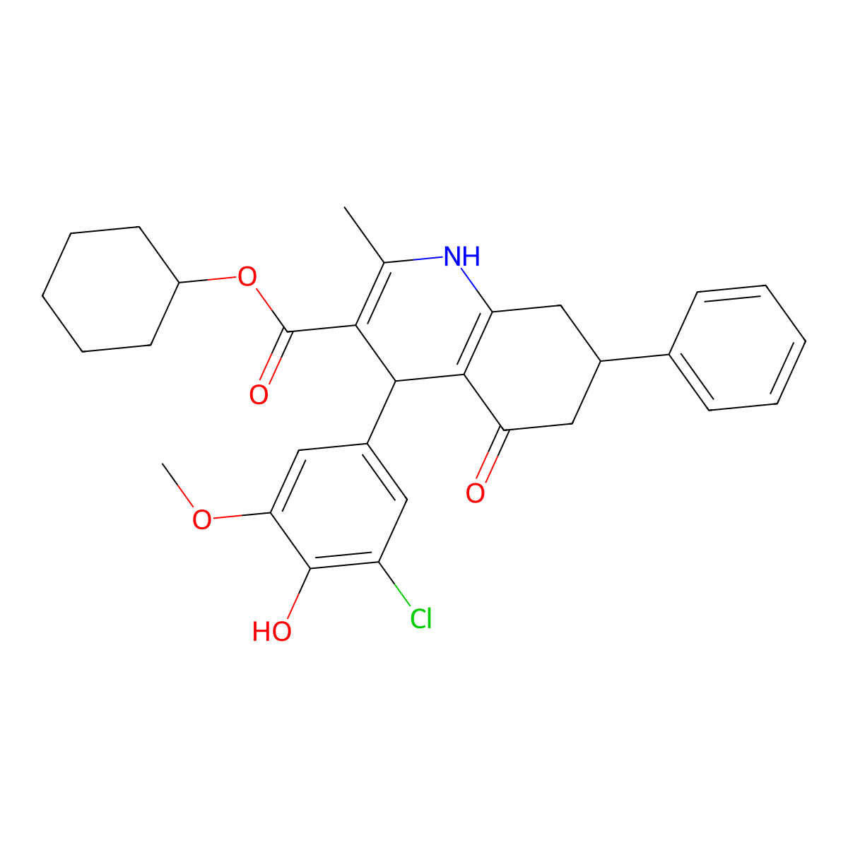 Cyclohexyl 4-(3-chloro-4-hydroxy-5-methoxyphenyl)-2-methyl-5-oxo-7-phenyl-1,4,5,6,7,8-hexahydroquinoline-3-carboxylate molecular structure, CAS 299944-96-0