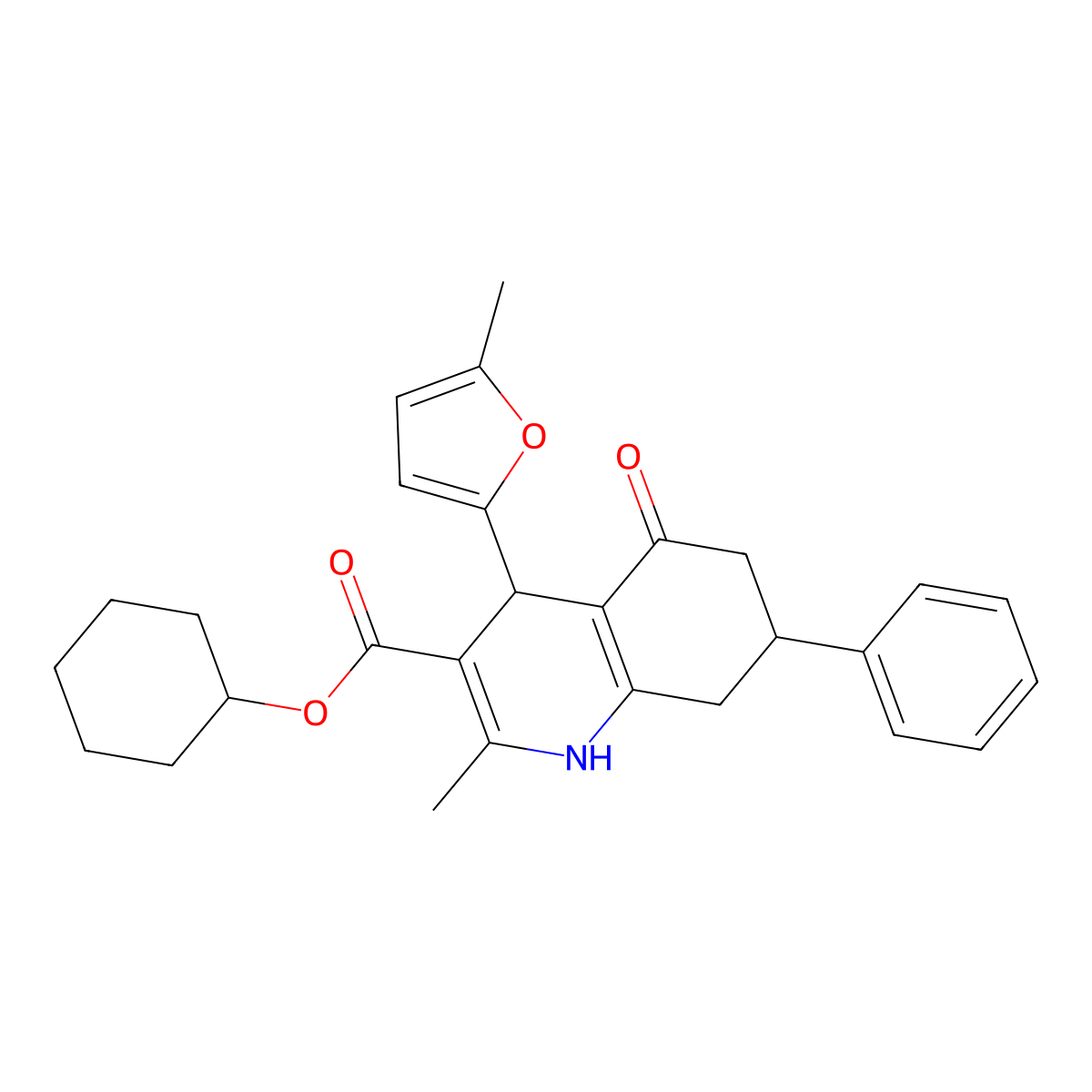 Cyclohexyl 2-methyl-4-(5-methylfuran-2-yl)-5-oxo-7-phenyl-1,4,5,6,7,8-hexahydroquinoline-3-carboxylate molecular structure, CAS 299944-97-1