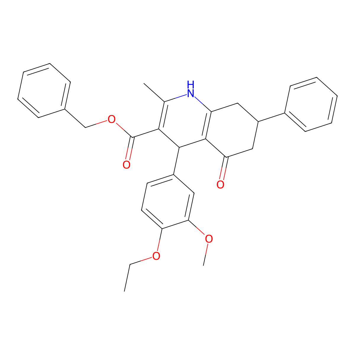 Benzyl 4-(4-ethoxy-3-methoxyphenyl)-2-methyl-5-oxo-7-phenyl-1,4,5,6,7,8-hexahydroquinoline-3-carboxylate molecular structure, CAS 299945-12-3