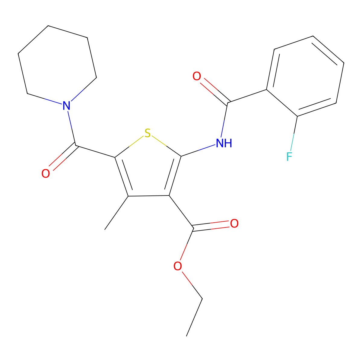 Ethyl 2-(2-fluorobenzamido)-4-methyl-5-(piperidine-1-carbonyl)thiophene-3-carboxylate molecular structure, CAS 299945-19-0