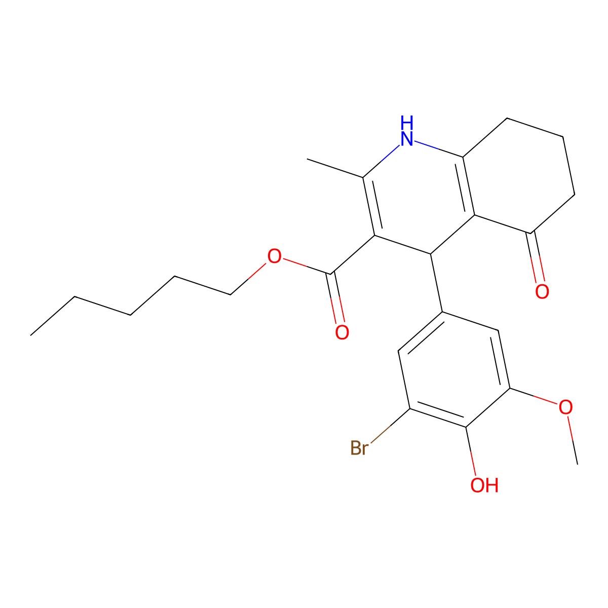 Pentyl 4-(3-bromo-4-hydroxy-5-methoxyphenyl)-2-methyl-5-oxo-1,4,5,6,7,8-hexahydroquinoline-3-carboxylate molecular structure, CAS 299945-53-2
