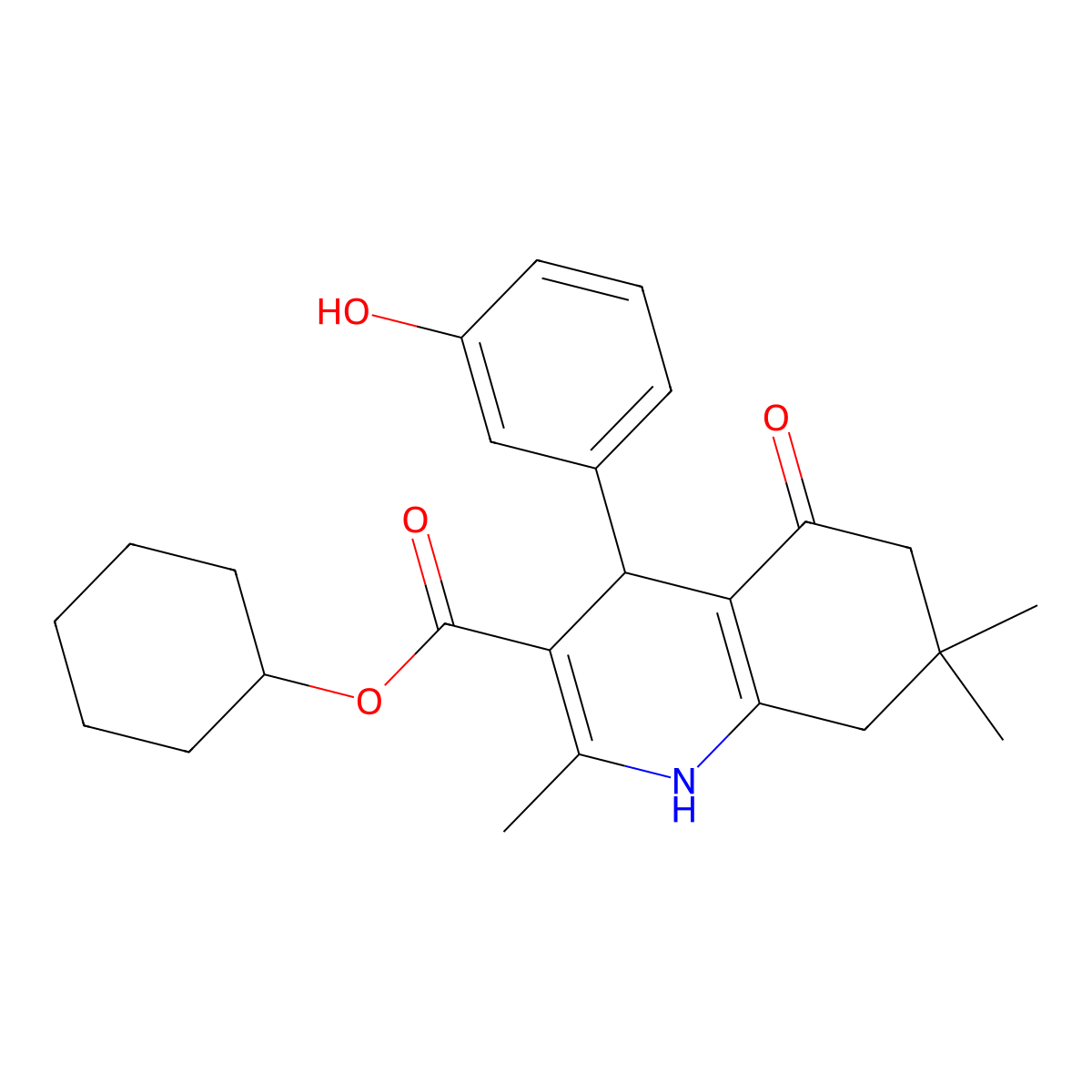 Cyclohexyl 4-(3-hydroxyphenyl)-2,7,7-trimethyl-5-oxo-1,4,5,6,7,8-hexahydroquinoline-3-carboxylate molecular structure, CAS 299946-09-1