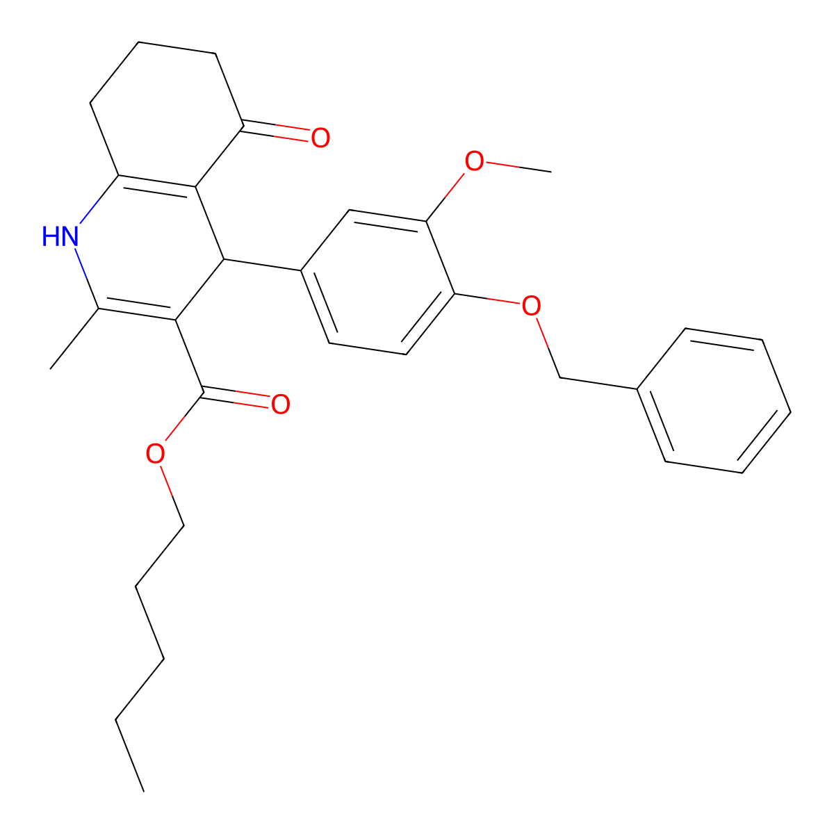 Pentyl 4-[4-(benzyloxy)-3-methoxyphenyl]-2-methyl-5-oxo-1,4,5,6,7,8-hexahydroquinoline-3-carboxylate molecular structure, CAS 299946-62-6