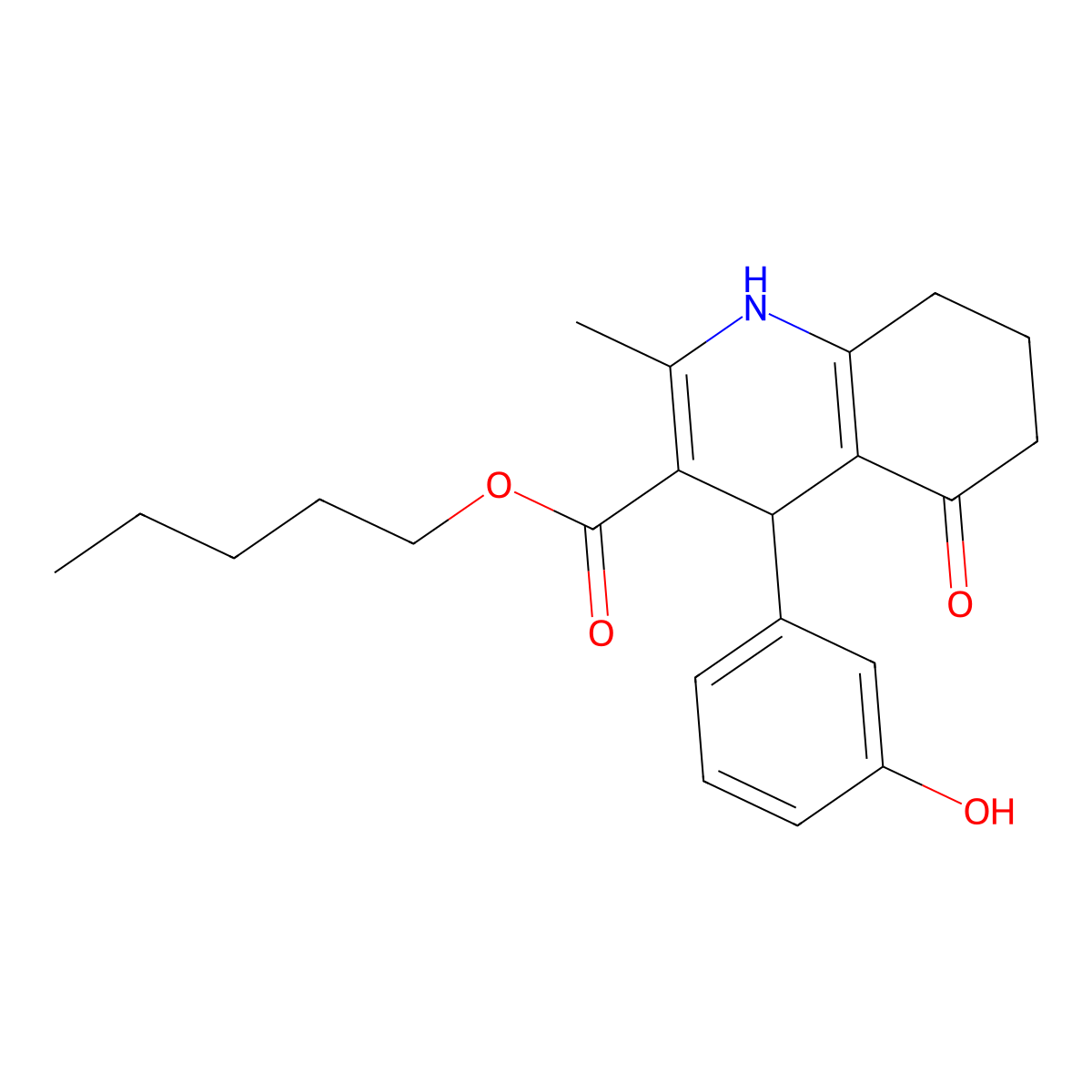 Pentyl 4-(3-hydroxyphenyl)-2-methyl-5-oxo-1,4,5,6,7,8-hexahydroquinoline-3-carboxylate molecular structure, CAS 299947-02-7