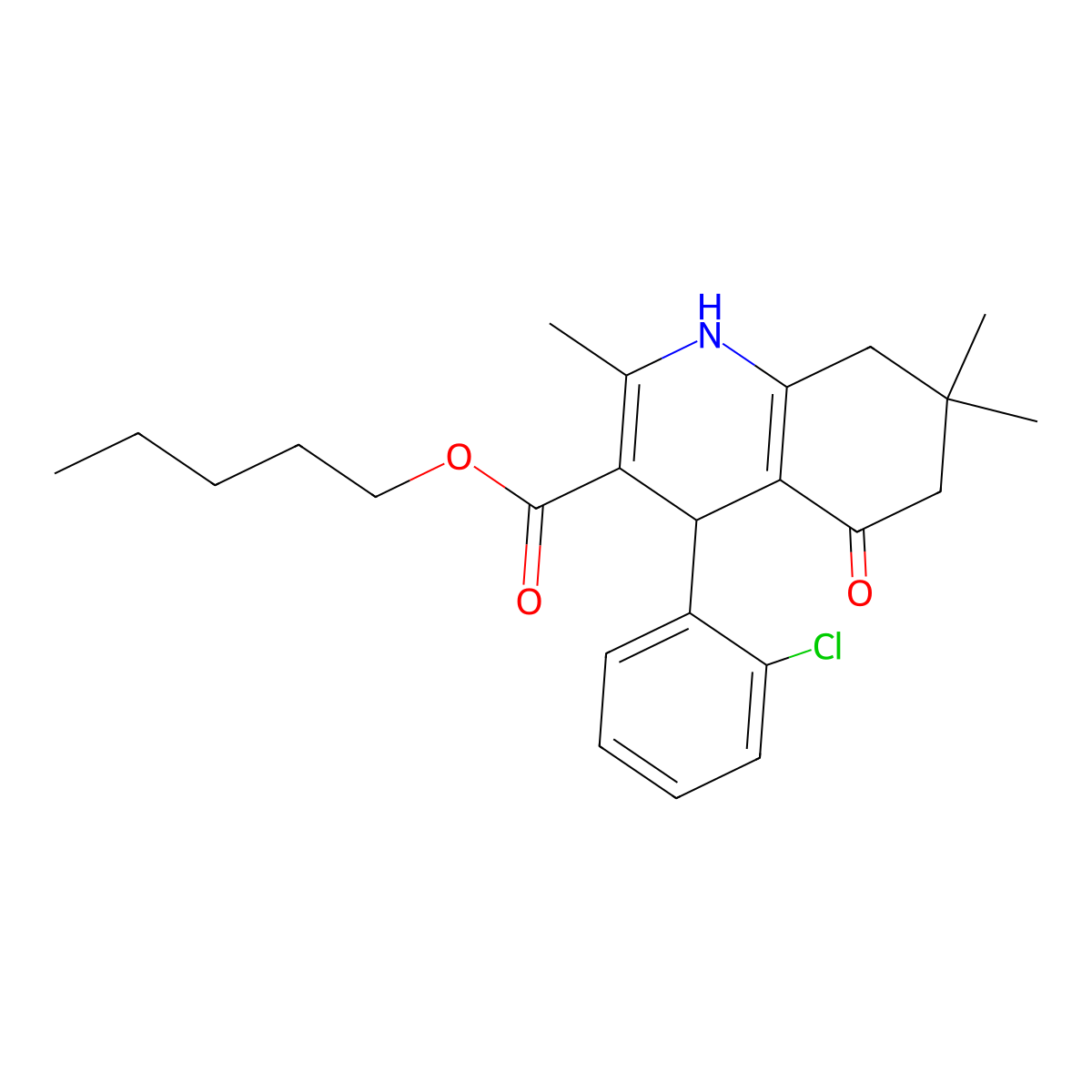 Pentyl 4-(2-chlorophenyl)-2,7,7-trimethyl-5-oxo-1,4,5,6,7,8-hexahydroquinoline-3-carboxylate molecular structure, CAS 299947-94-7