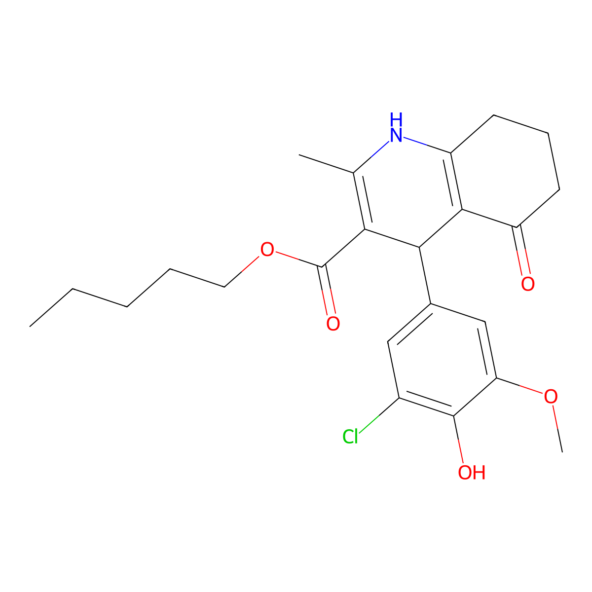 Pentyl 4-(3-chloro-4-hydroxy-5-methoxyphenyl)-2-methyl-5-oxo-1,4,5,6,7,8-hexahydroquinoline-3-carboxylate molecular structure, CAS 299948-16-6