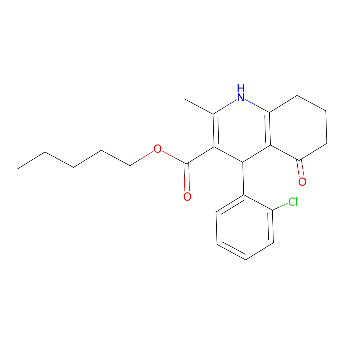 Pentyl 4-(2-chlorophenyl)-2-methyl-5-oxo-1,4,5,6,7,8-hexahydroquinoline-3-carboxylate molecular structure, CAS 299948-80-4